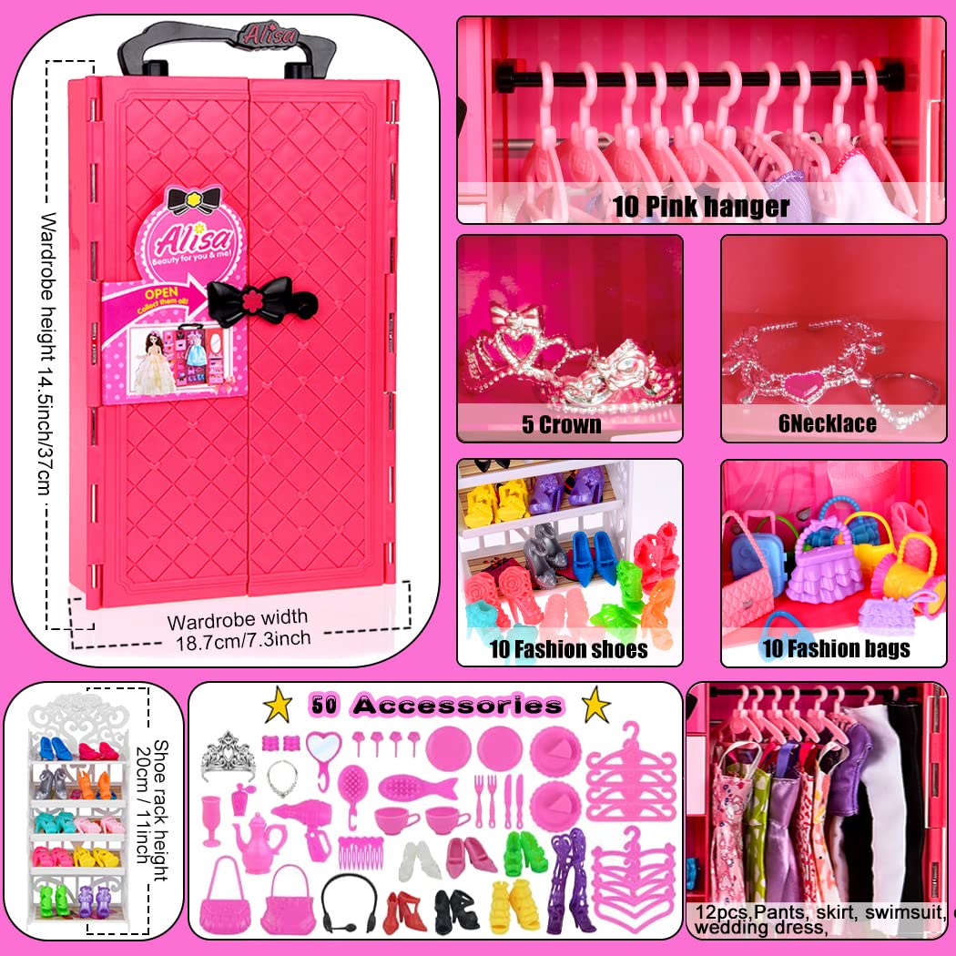 105 Pcs Doll Closet Wardrobe Playset with Clothes & Accessories for 11.5