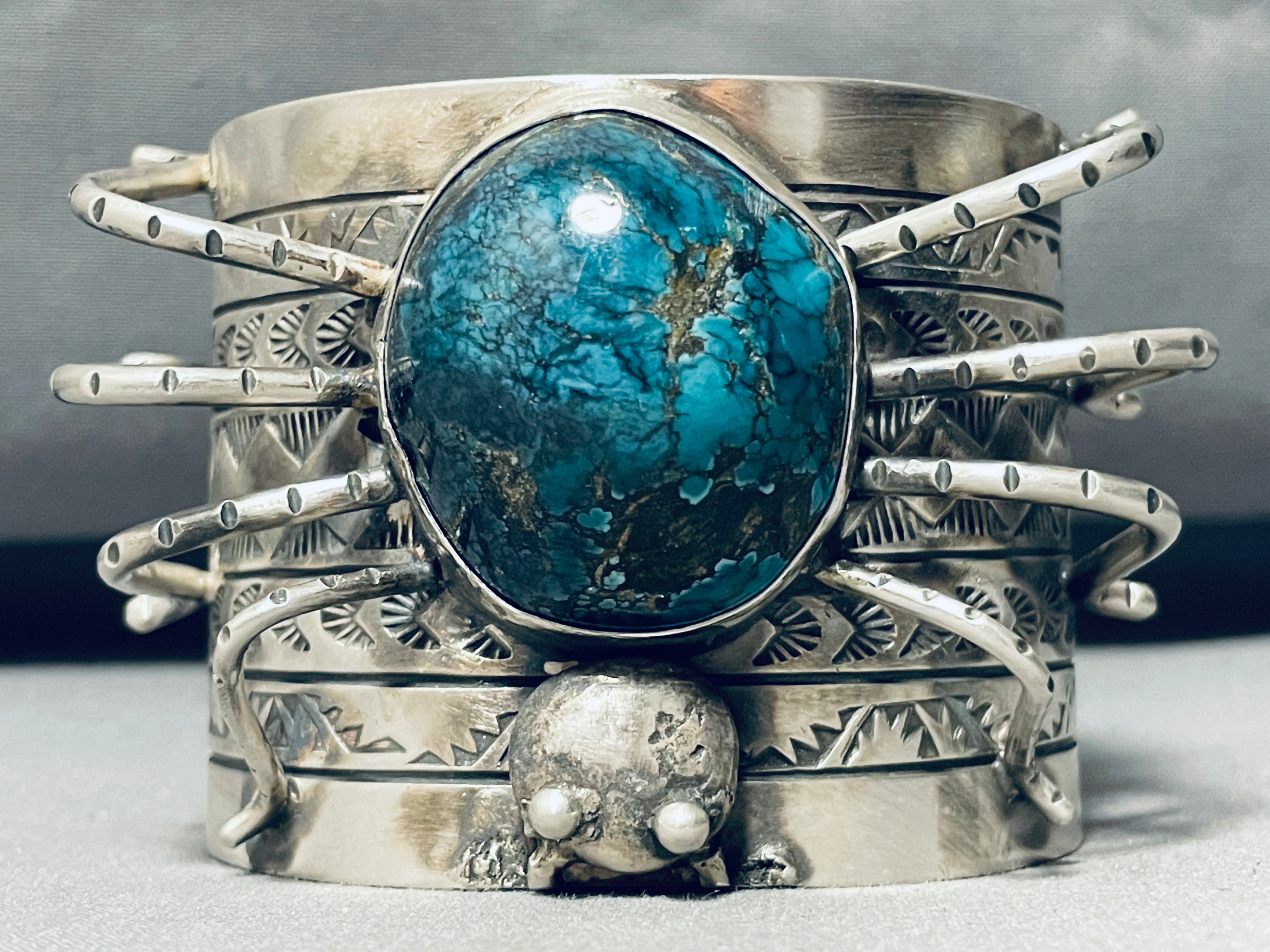 179 Grams Navajo Sterling Silver Spider Bracelet - Authentic Native American Turquoise Jewelry for Women, Boho Chic Fashion Accessory for Casual Wear & Special Occasions