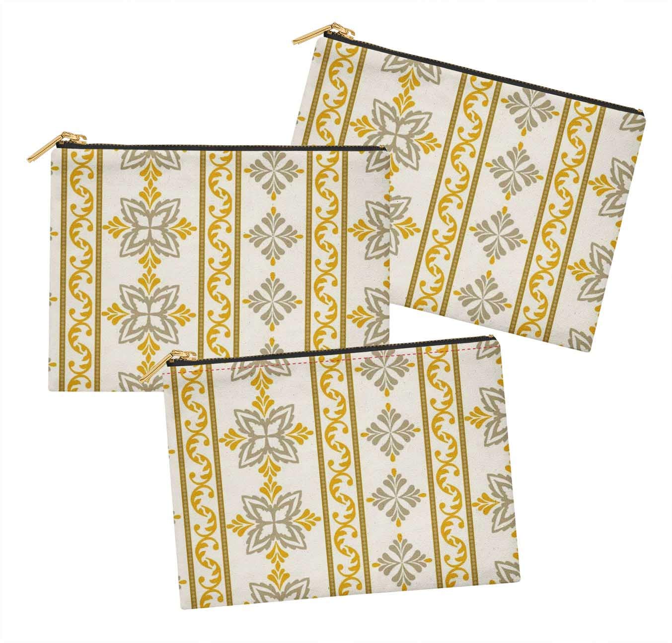 S4Sassy White Floral & Stripe Cosmetic Bag Set of 3 - Printed Makeup Pouch, Coin Purse & Toiletry Organizer (6x8 Inches) - Perfect for Travel, Gym & Daily Essentials Storage