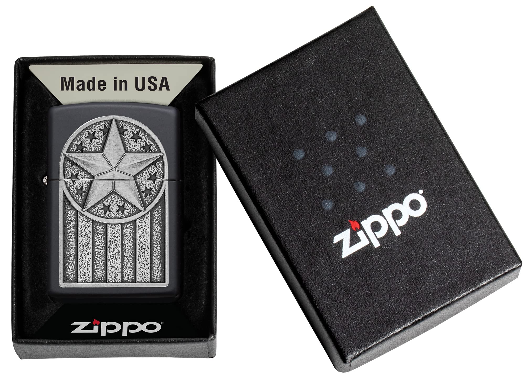 Zippo Black Matte Pocket Lighter with American Metal Emblem - Windproof Refillable Lighter for Outdoor Camping, Hiking & Everyday Carry (EDC)