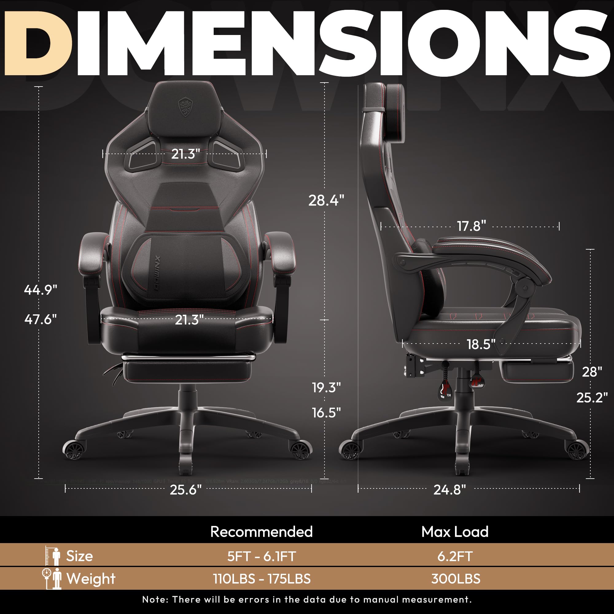 Dowinx PU Leather Gaming Chair with Footrest - Big & Tall Ergonomic Office Chair with Adjustable Lumbar Support - Heavy Duty Computer Chair for Adults up to 400lbs - Black - Perfect for Gaming, Working & Home Office Use