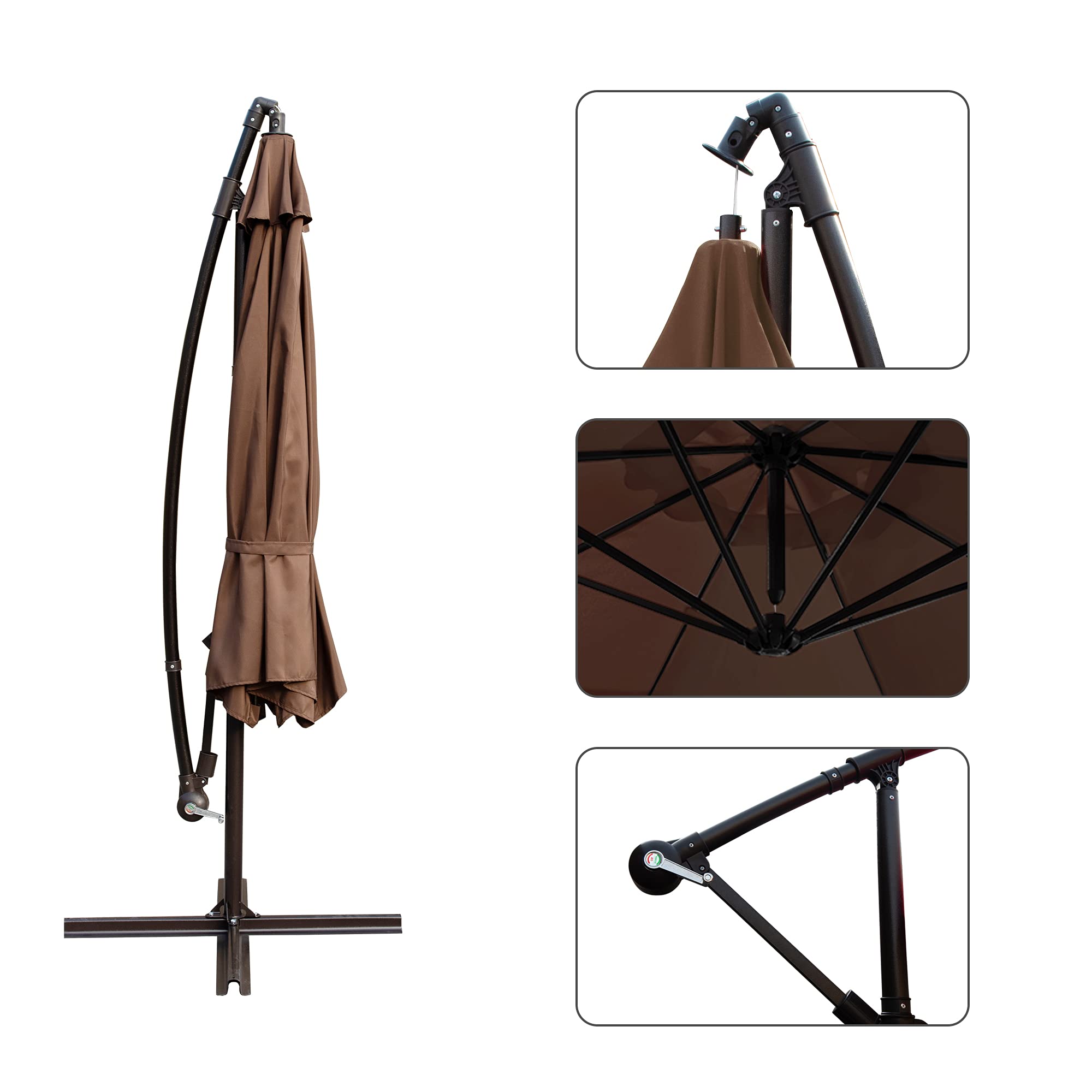 10FT Offset Cantilever Patio Umbrella with Crank & Cross Base - Outdoor Hanging Market Umbrella for Backyard, Poolside, Lawn, Garden - Sun Shade for Dining, Lounging, and Outdoor Relaxation (Brown)