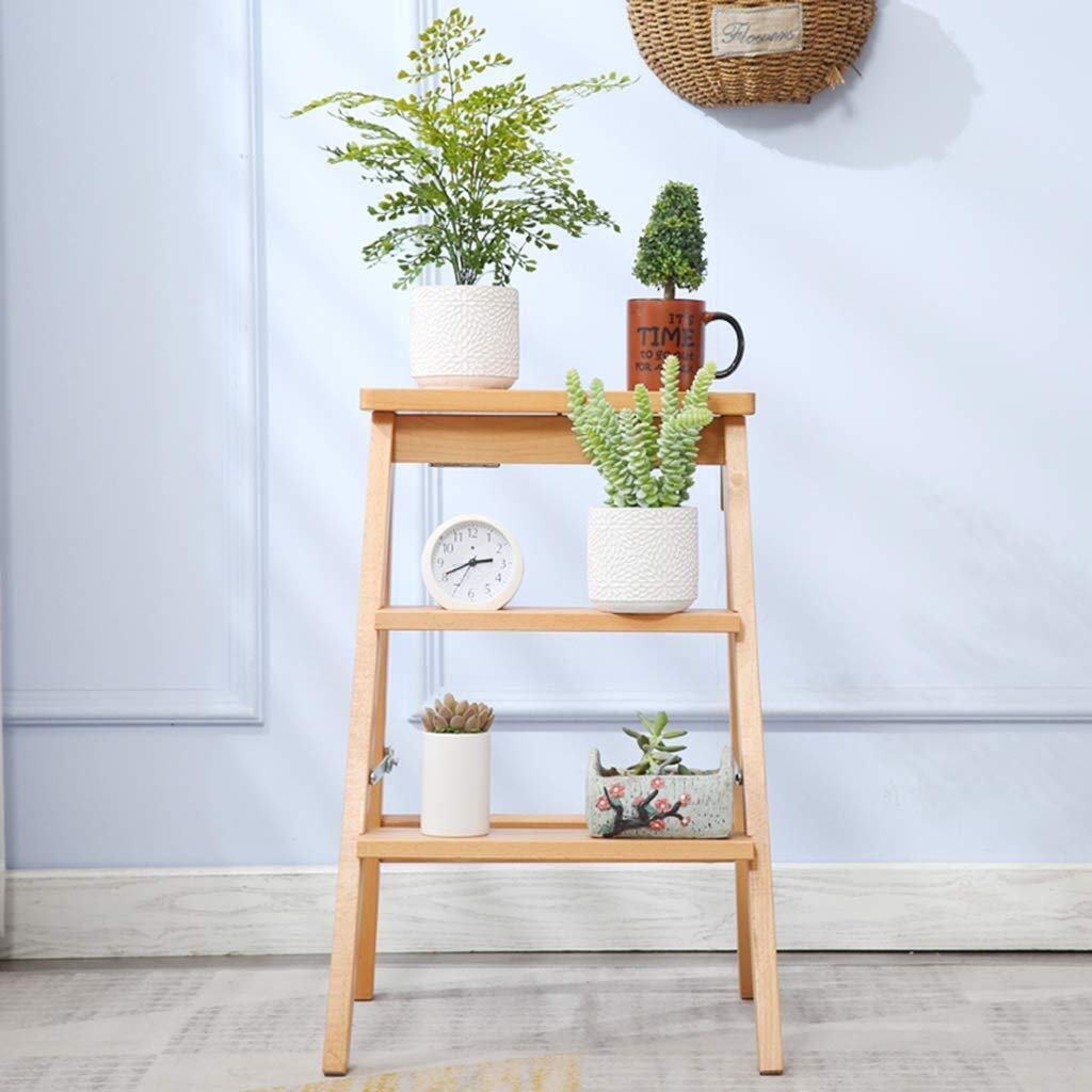 Foldable Step Stool Ladder with High Pedal - Solid Wood Storage Shelf, Multifunctional Climbing Stool for Home, Kitchen, Bathroom & Garage Organization
