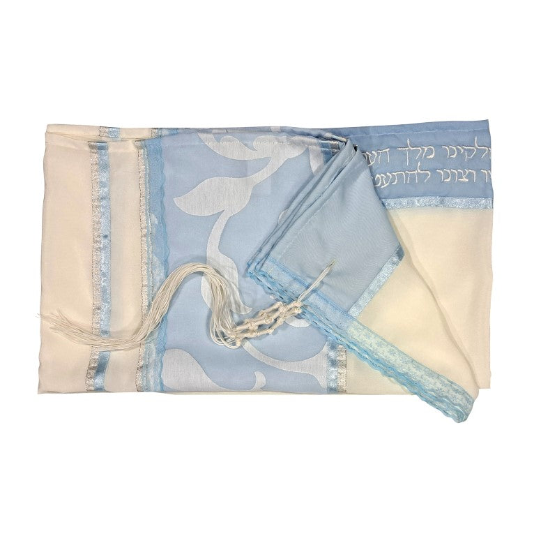 Elegant Blue Paper Cut Tallit for Girls & Women | Bat Mitzvah Prayer Shawl | Feminine Jewish Ceremonial Scarf for Synagogue, Wedding & Special Occasions
