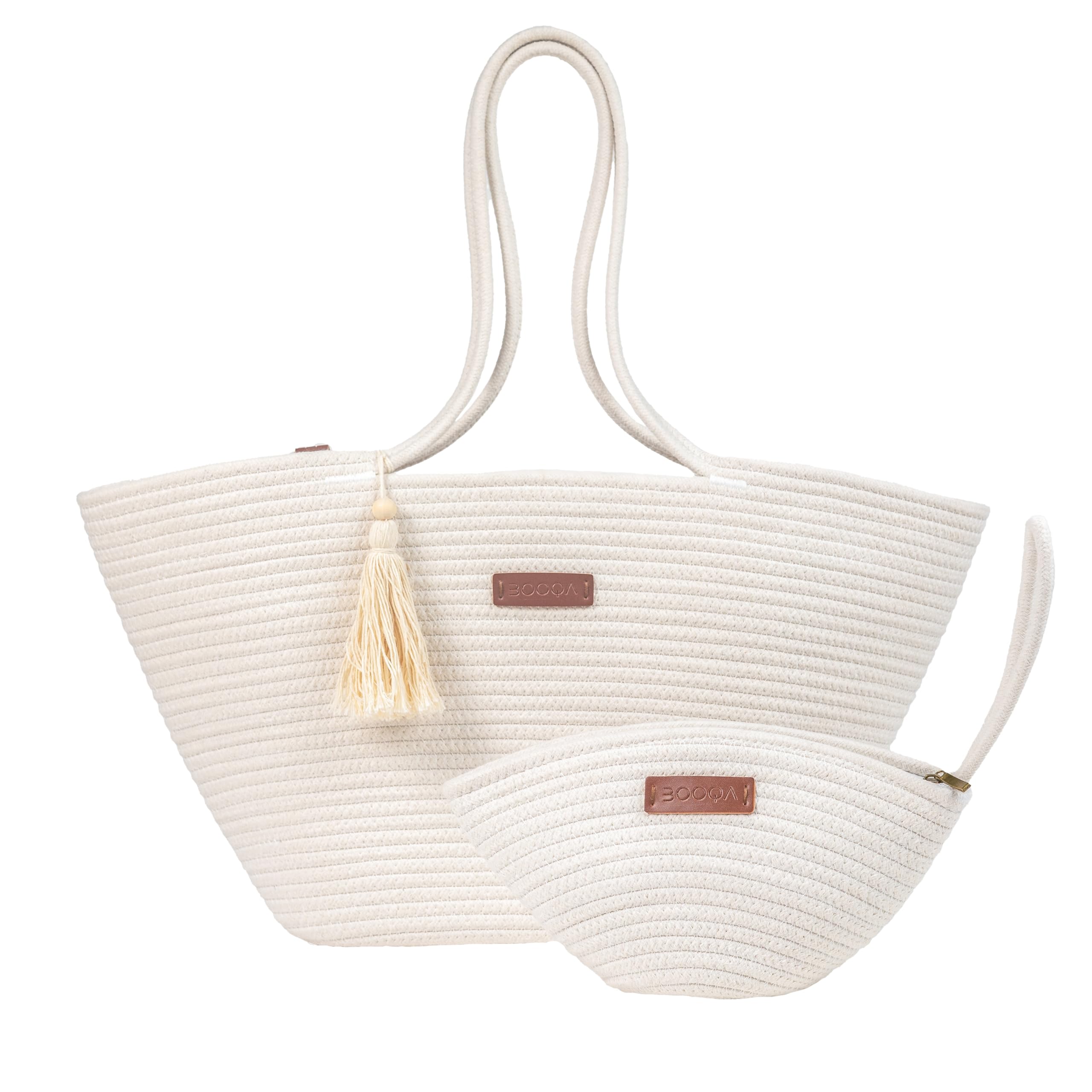 BOOQA Women's Cotton Rope Woven Tote Bag with Cosmetic Pouch Set - Beach Travel Shoulder Bag & Toiletry Organizer for Vacation, Shopping, and Daily Use