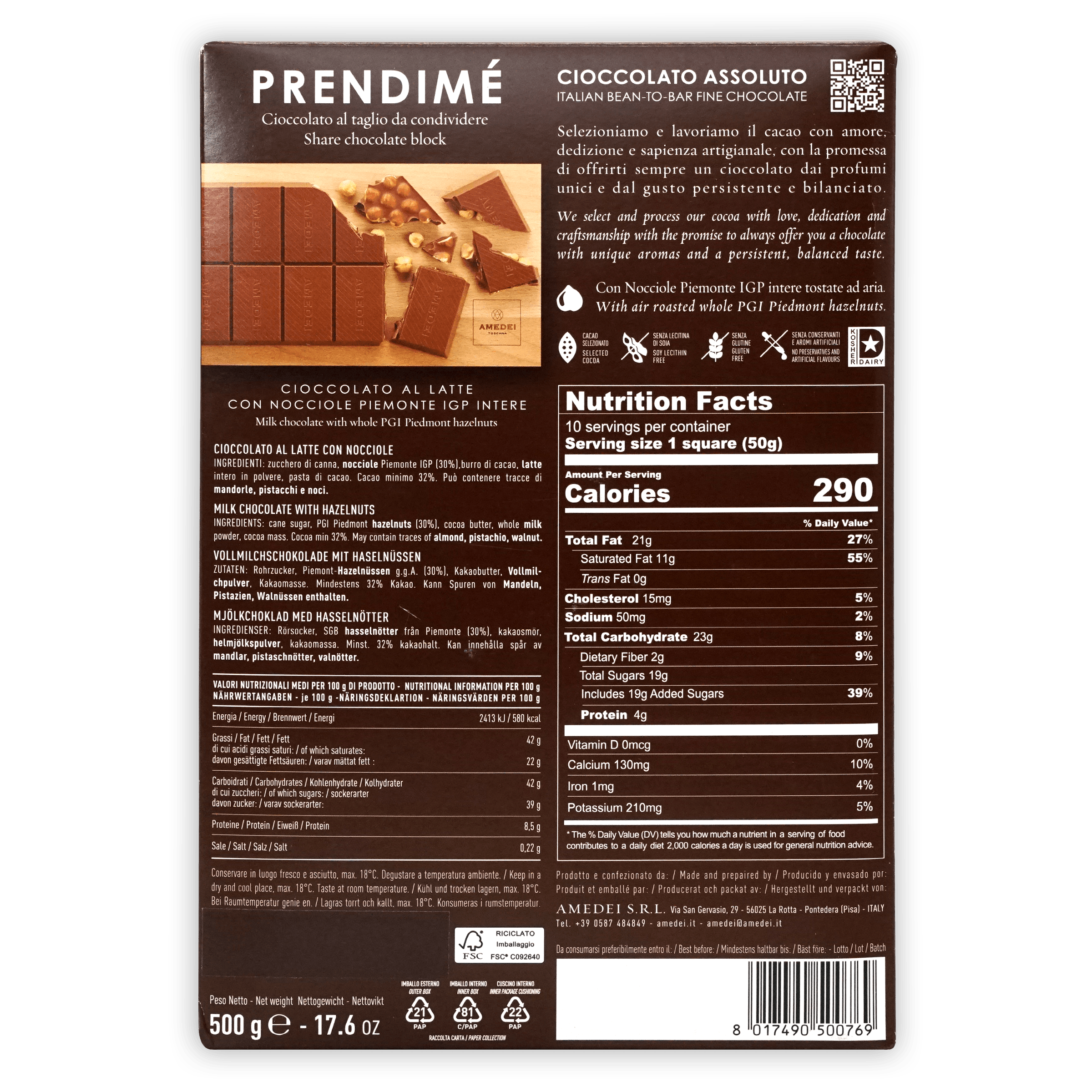 Amedei Prendimé Premium Milk Chocolate with Hazelnuts - 500g Italian Gourmet Chocolate Bar for Gifts, Desserts & Special Occasions