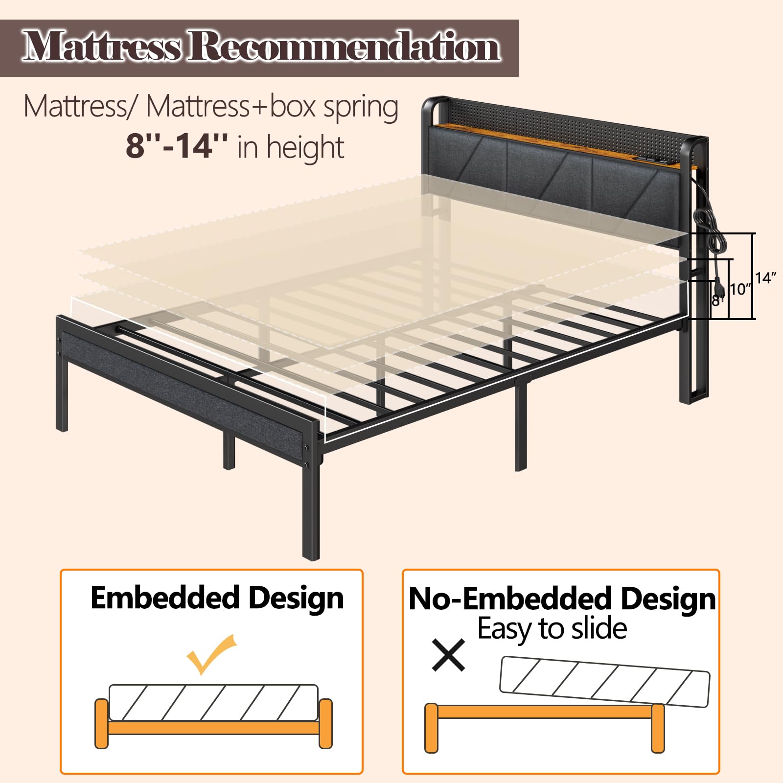 Furnulem Queen Size Bed Frame with Headboard & LED Lights - Upholstered Platform Bed with USB Charging Station, No Box Spring Needed, Noise-Free Metal Bed Frame - Perfect for Modern Bedrooms, Guest Rooms & LED Lighting Enthusiasts
