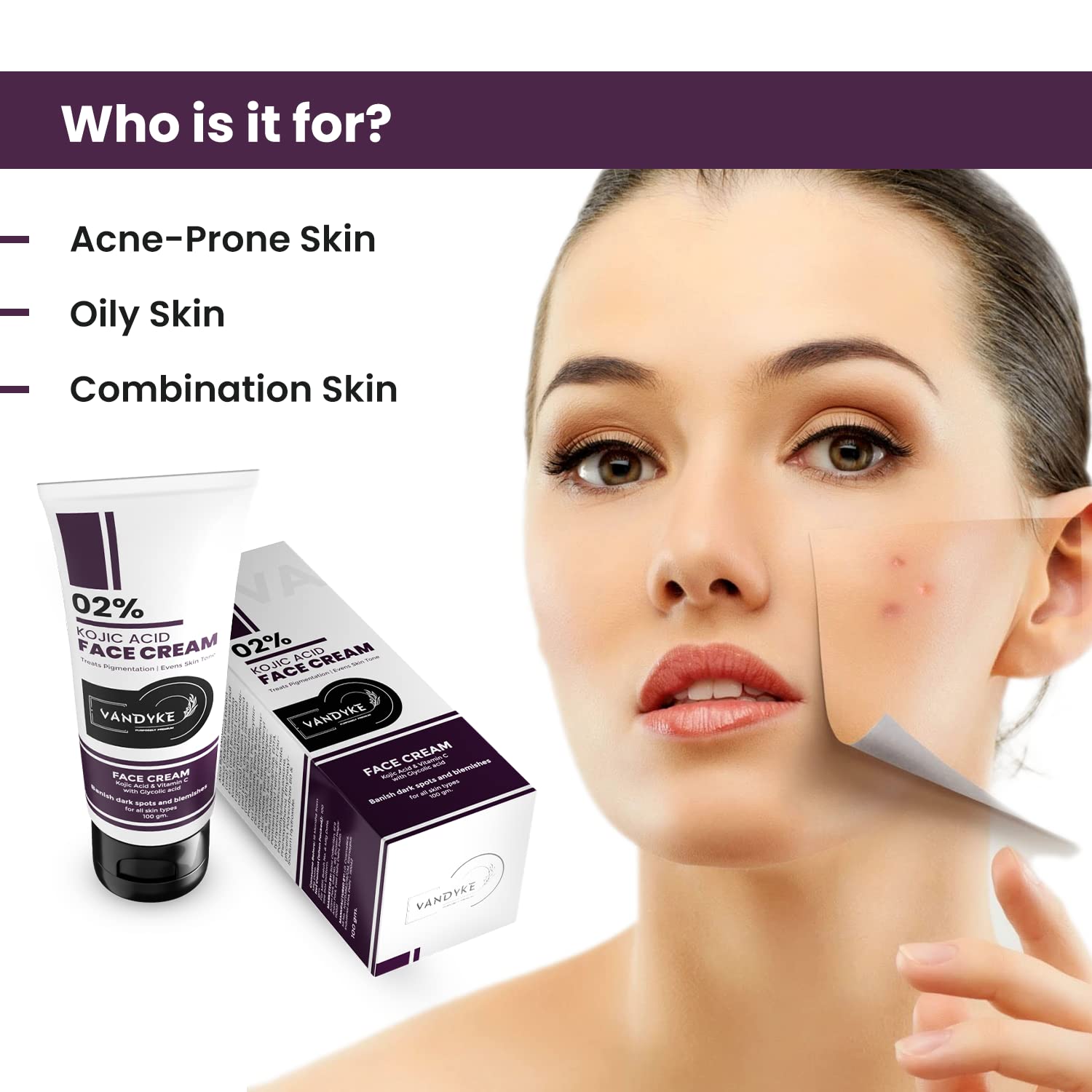 Vandyke 2% Kojic Acid Face Cream for Dark Spots & Hyperpigmentation - Brightening Skin Treatment for Even Tone (100g) | Daily Use for Acne Scars, Sun Damage & Age Spots