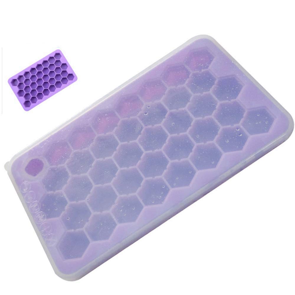 Premium 38-Cell Silicone Honeycomb Ice Cube Tray with Lid - BPA Free, Flexible & Durable - Perfect for Cocktails, Iced Coffee & Party Drinks (2 Pack, Purple)