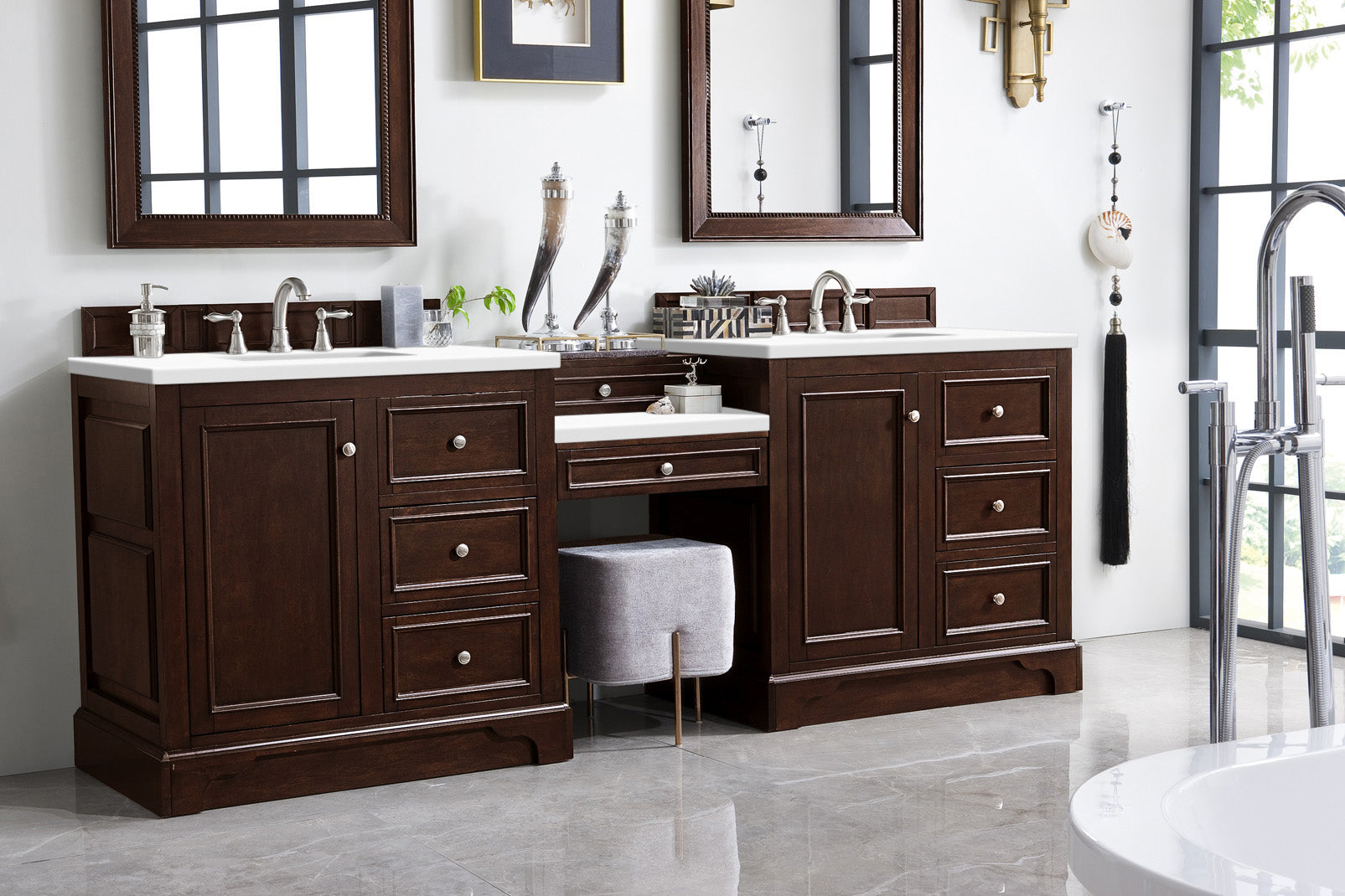 De Soto 94 Double Vanity Set with Makeup Table - Burnished Mahogany Finish & 3CM Classic White Quartz Top | Perfect for Master Bathroom Remodel & Luxury Home Decor