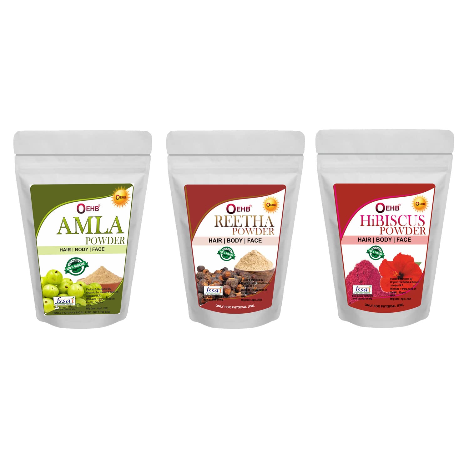 OEHB Amla, Reetha & Hibiscus Powder - 50g Each | Natural Hair Care for Shine & Growth | DIY Hair Masks & Scalp Treatments