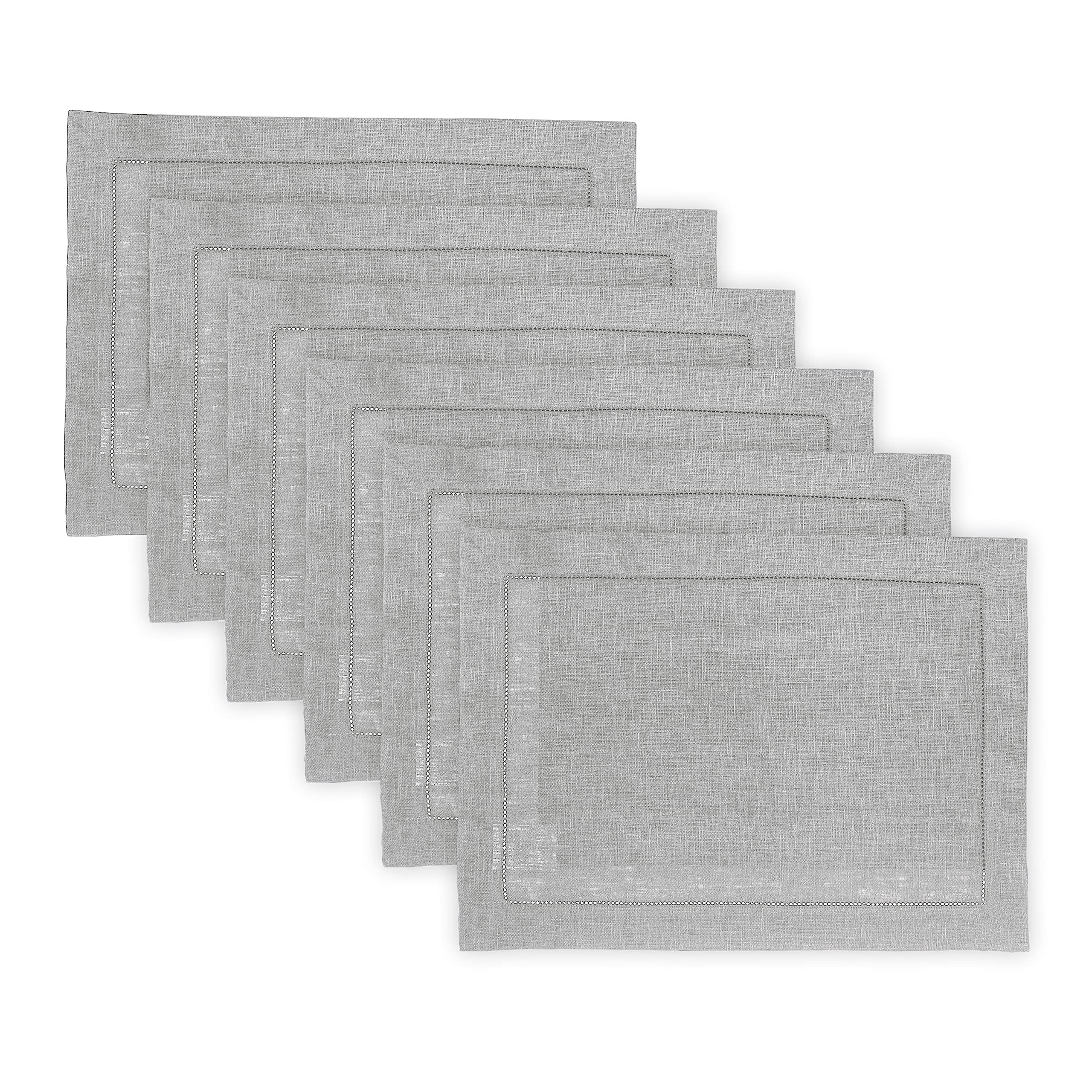 Solino Home 100% Pure Linen Placemats Set of 6 - Soft Grey Classic Hemstitch Table Mats 14x19 Inch - Handmade from European Flax - Perfect for Fall Decor & Thanksgiving Dinner Table Setting
