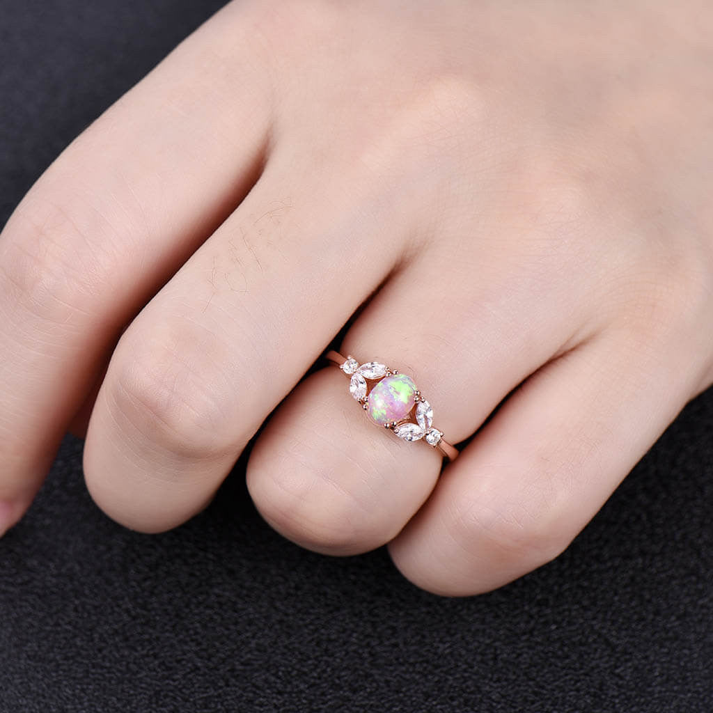 Lab-Created Pink Solitaire Opal Marquise Moissanite Engagement Ring in 14K Rose Gold - Perfect for Proposals, Anniversaries & Romantic Occasions
