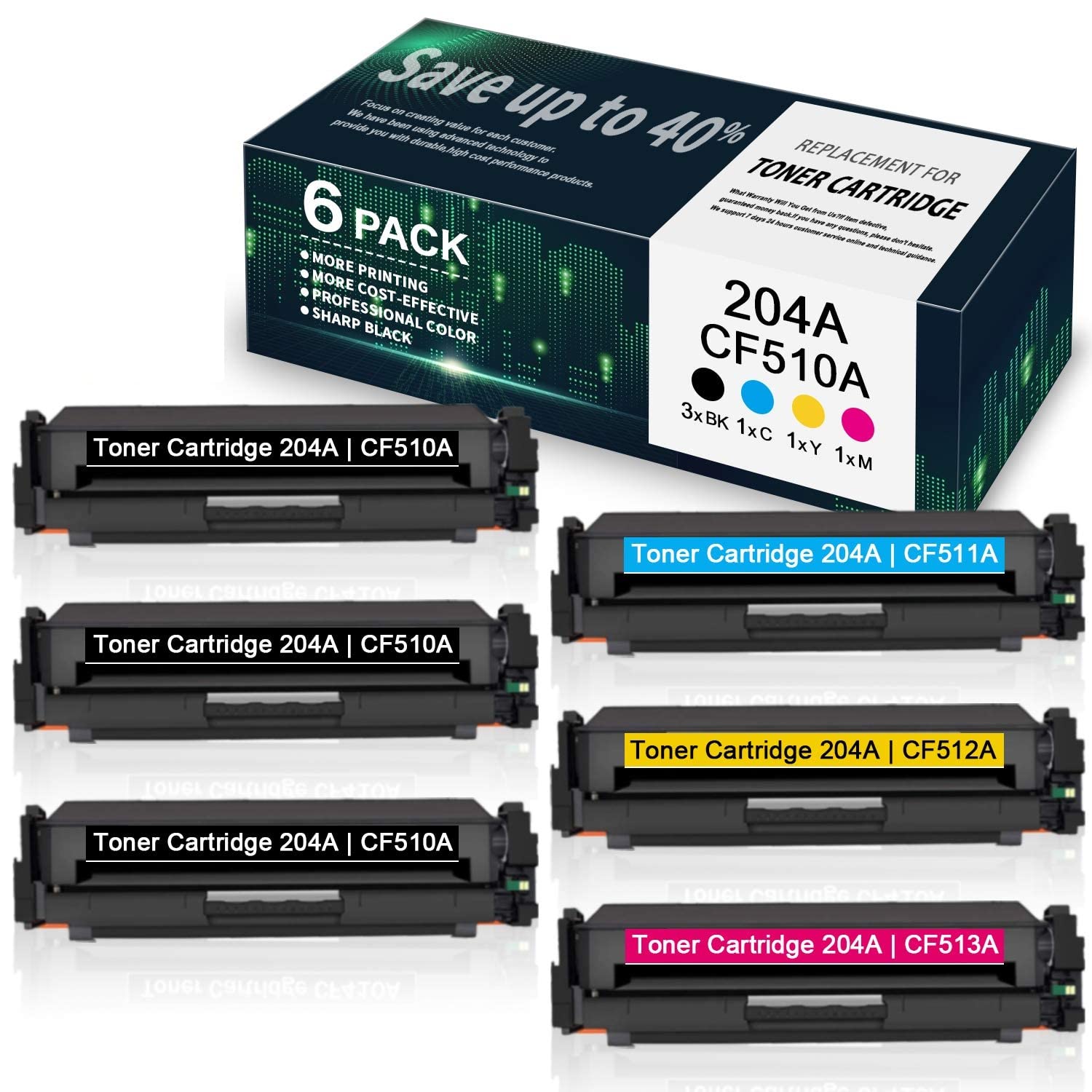 6-Pack (3BK/1C/1Y/1M) 204A | CF510A CF511A CF512A CF513A Compatible Toner Cartridges for HP Color Pro MFP M180n M181fw M181fdw M180nw Pro M154a M154nw Printers - High-Yield Replacement Ink by VaserInk - Perfect for Home Office & Small Business Printing Needs