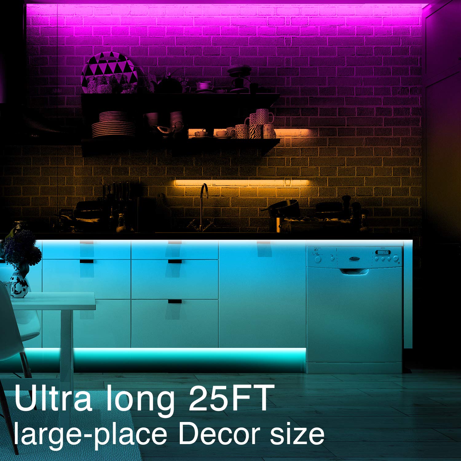 Phopollo 5050 LED Strip Lights 25ft - 44 Keys IR Remote Controller, 12V Power Supply for Bedroom, Kitchen, Gaming Room, Home Decor