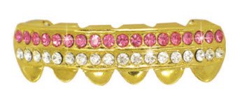 14K Gold Plated Hip Hop Lower Teeth Grillz with Pink Stones - Perfect for Rappers, Performers, and Hip Hop Fashion Enthusiasts