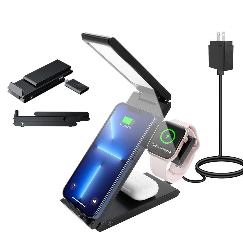 4-in-1 Foldable Wireless Charging Station with Night Light - Qi Fast Charger for iPhone 14/13/12/11 Pro/Pro Max/XS/XR/X/8, Android Phones, iWatch SE/7/6/5/4/3/2 & AirPods Pro | Portable Travel Desk Lamp for Bedroom, Office & Nightstand Charging