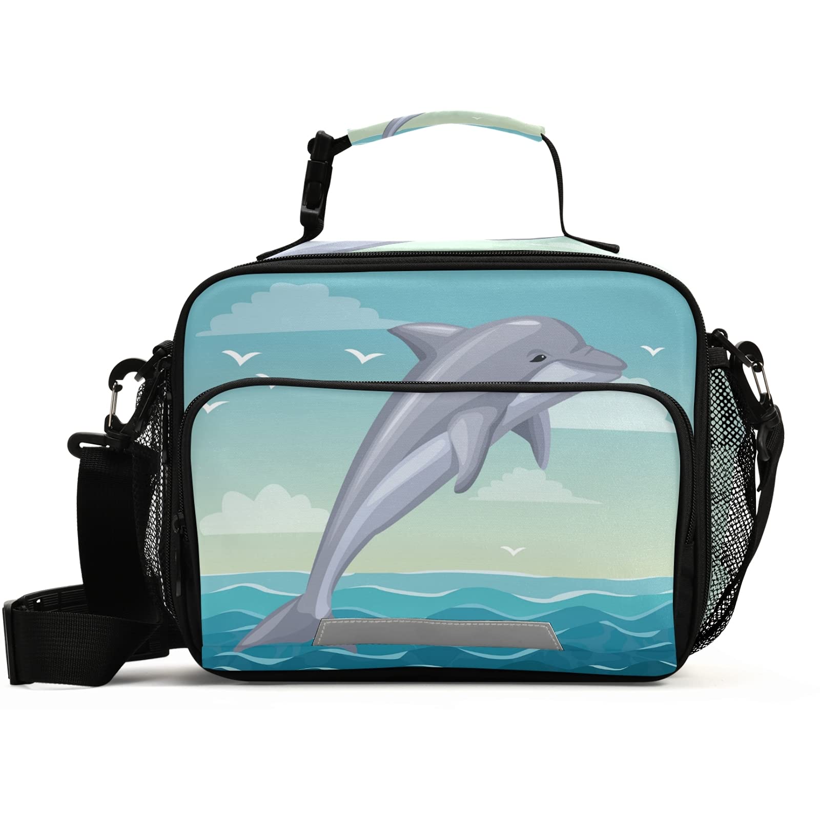 Insulated Lunch Bag with Adjustable & Removable Shoulder Strap - Reusable Cooler Tote for Work, Picnic, Beach & Outdoor Activities - Leakproof Lunch Box for Women & Men (Colorful Dolphin Ocean Design)