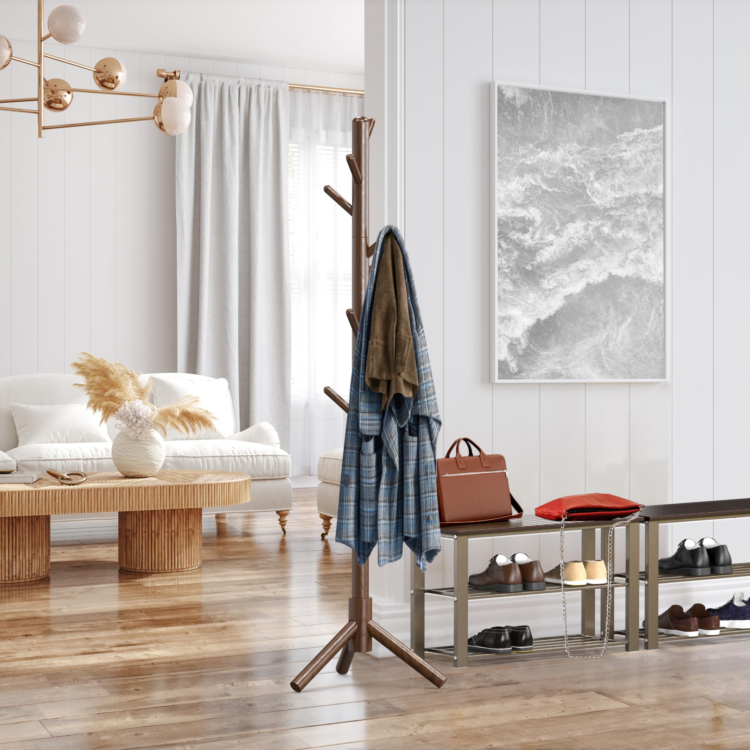 Adjustable Wooden Coat Rack Stand with 9 Hooks - Walnut Finish for Entryway, Bedroom & Closet Organization - Simple Houseware Garment Tree Rack