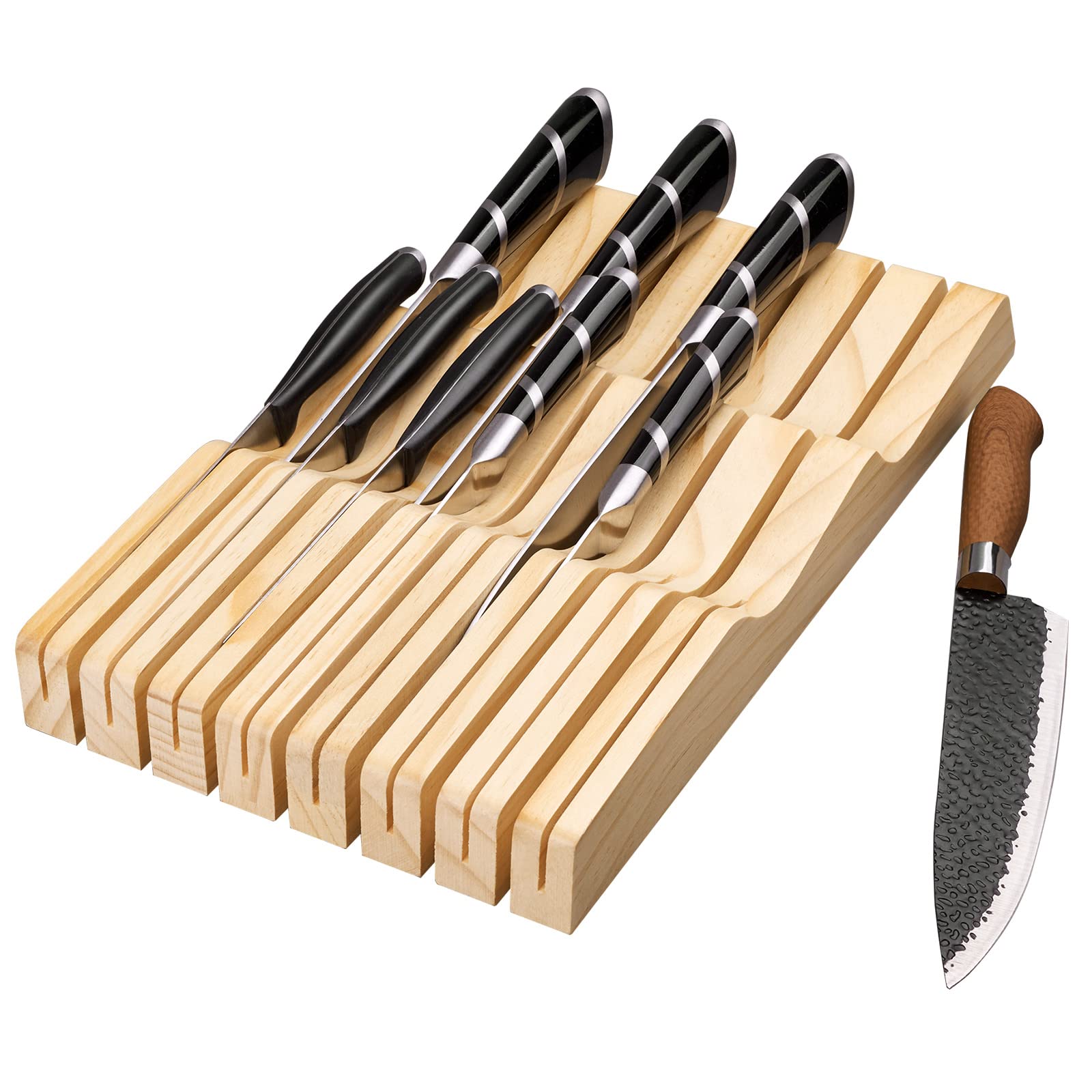 Premium Solid Wood Drawer Knife Holder - Universal Bamboo Knife Block Organizer for Chef & Home Use - Under Cabinet Storage for 15 Knives - Perfect for Kitchen Drawer Organization & Space Saving