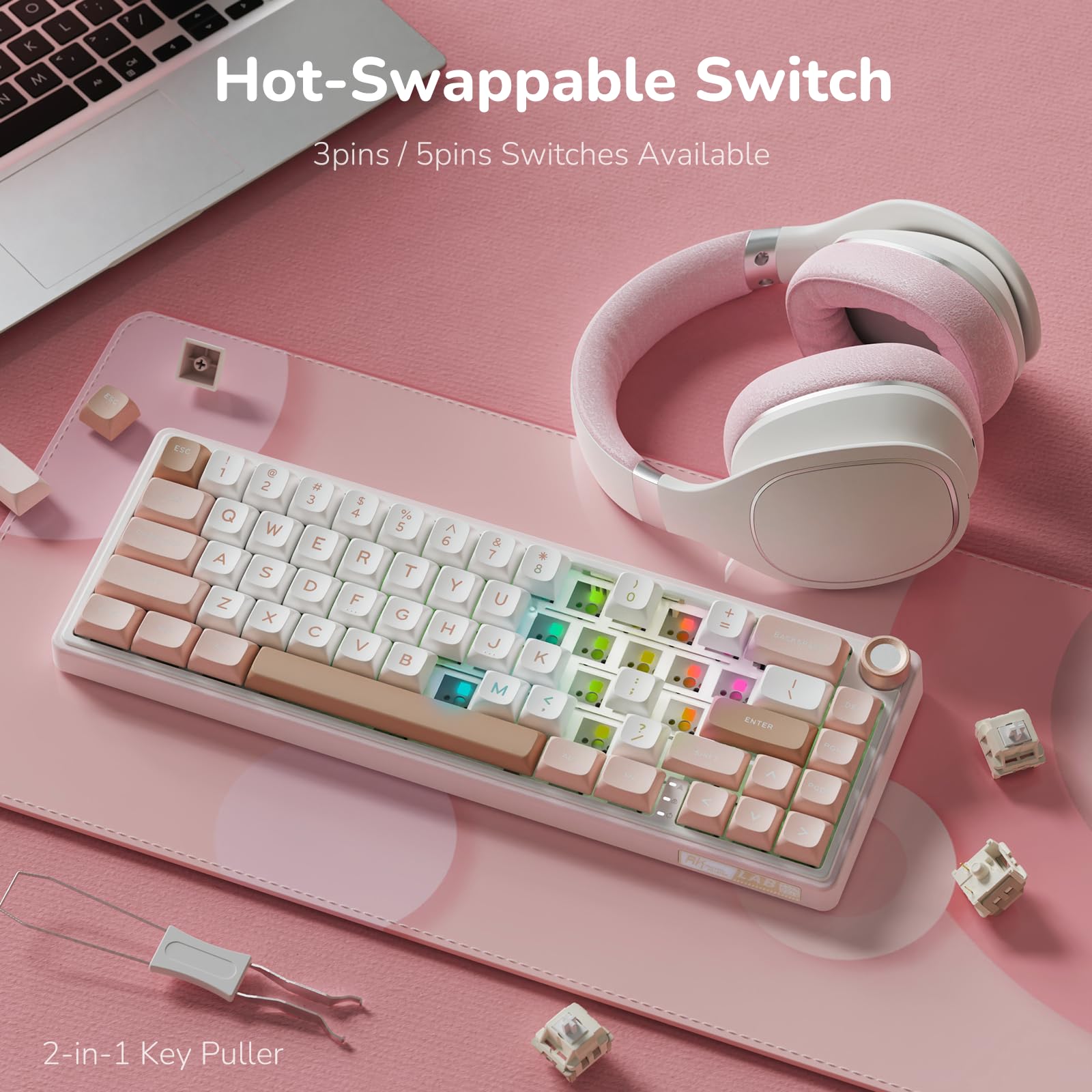 RK ROYAL KLUDGE R65 60% Wired Mechanical Gaming Keyboard - RGB Backlit, Hot Swappable Cream Switches, PBT Keycaps, MDA Profile, QMK/VIA Programmable, Volume Knob - Perfect for Office Work, Gaming & Typing (Pink)