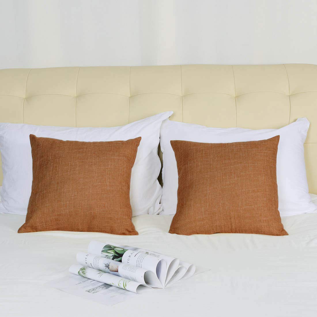 Premium Linen Throw Pillow Covers Set of 2 - 18x18 Inch Square Cotton Lined Decorative Cushion Covers for Sofa, Couch & Bed - Soft Orange Home Decor for Living Room, Bedroom & Dorm