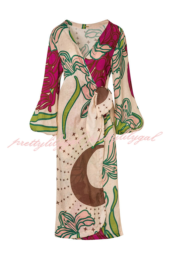 Tracey Linen Blend Unique Print Balloon Sleeve Tie-Up Tunic Maxi Dress for Women | Flowy Summer Beach Dress | Perfect for Vacations, Weddings & Boho Chic Outfits