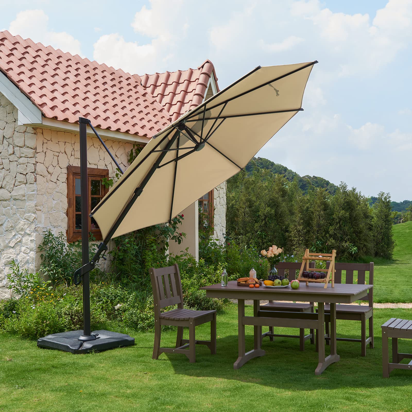 Gardesol 10FT Outdoor Patio Umbrella with 70° Side-to-Side Tilt, 6-Level Vertical Adjustment & 360° Rotation - Fade Resistant Offset Umbrella for Deck, Pool, Backyard (8 Ribs) - Perfect for Sun Protection in Outdoor Dining, Lounging and Entertaining Areas