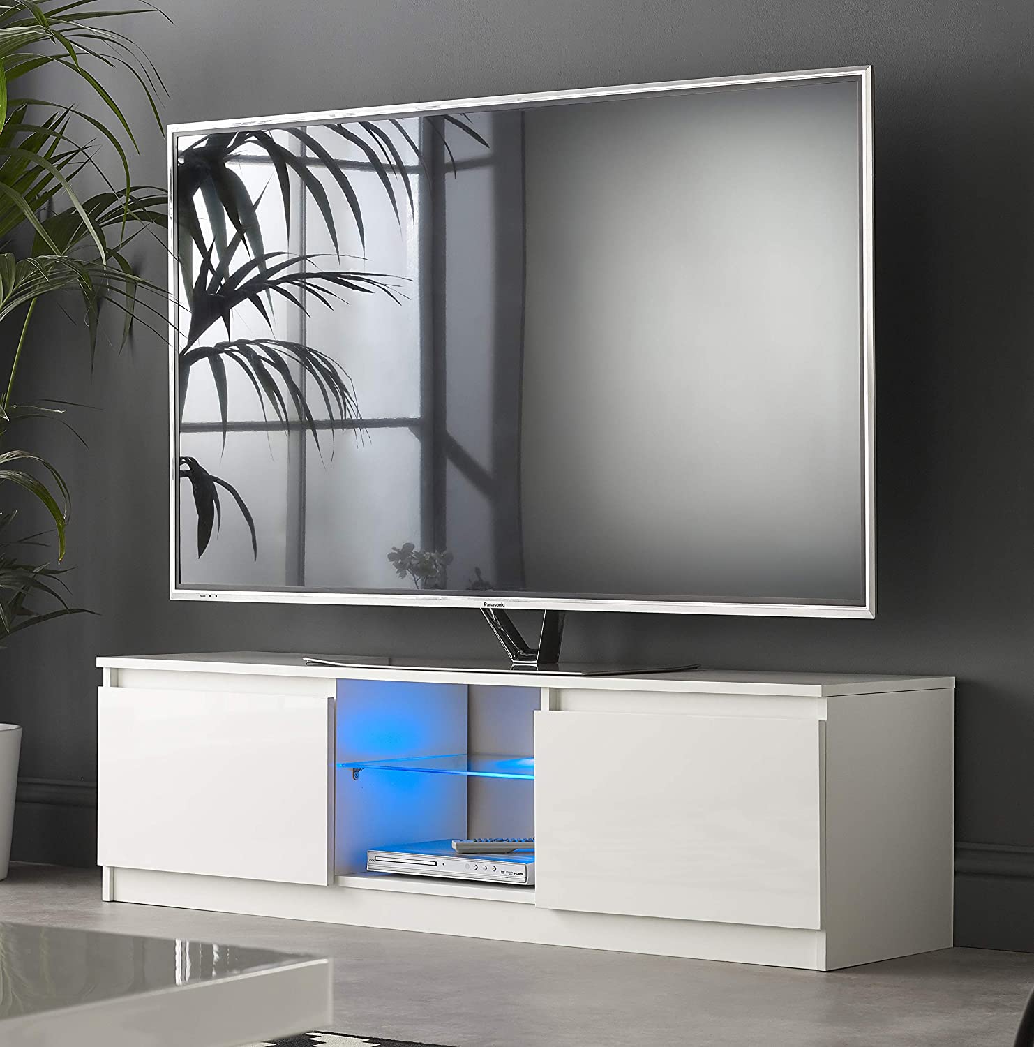 MMT Furniture TV Stand for 42-65 Inch LED LCD Plasma Flat Screen TVs - Modern Entertainment Center with Storage Cabinet & Blue LED Lights - White Media Console Shelf for Living Room, Bedroom & Home Theater Setup