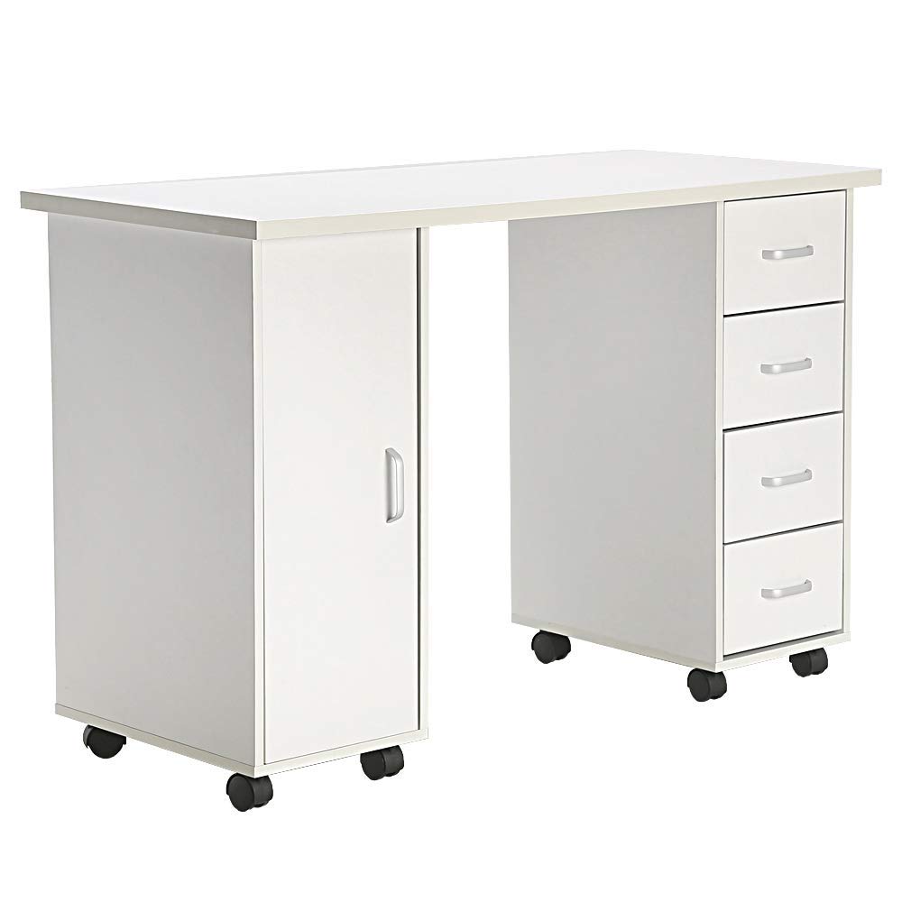 Professional Double-Sided Manicure Nail Spa Table with 4 Drawers & Cabinet - White Wooden Nail Art Technician Workstation for Salon & Home Beauty Business - Perfect for Nail Technicians, Spa Professionals & DIY Nail Enthusiasts