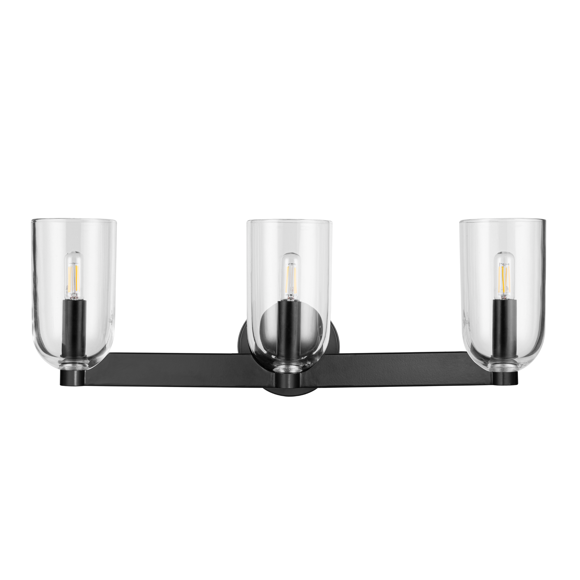 3-Light Hansley Vanity Light Fixture in Matte Black with Clear Glass Shades - Perfect for Bathroom, Bedroom, and Dressing Room Lighting
