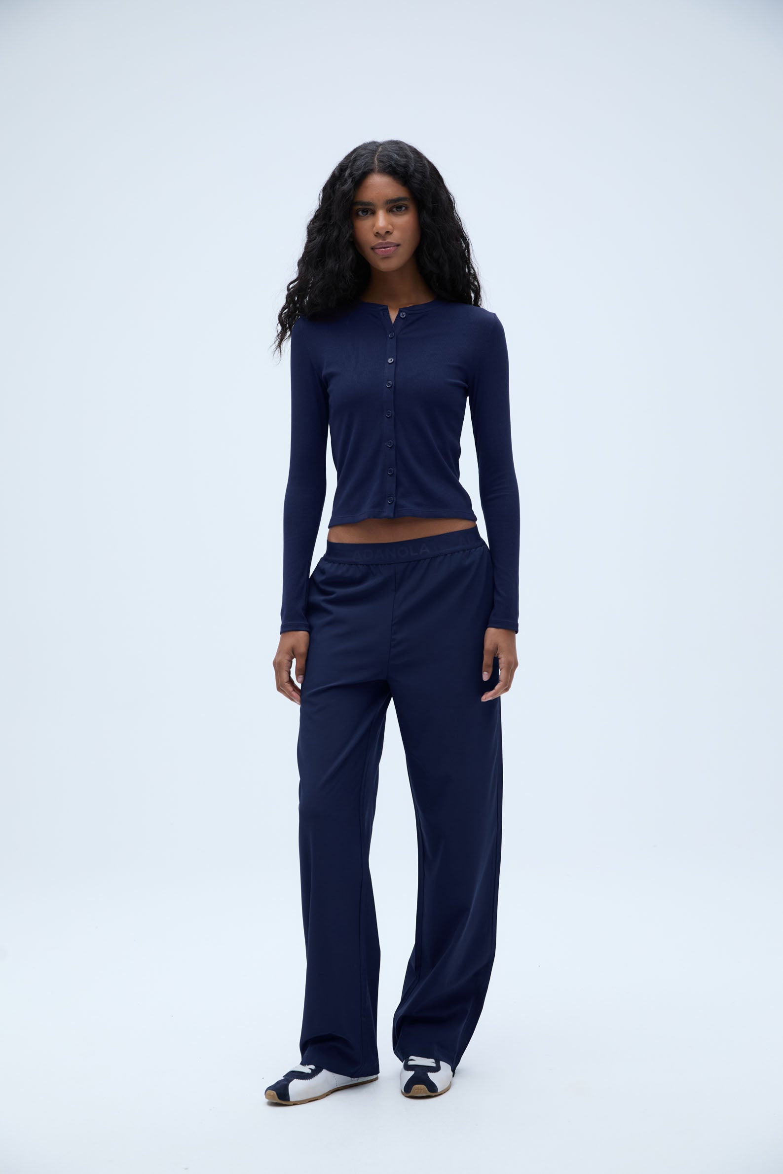 Women's Ribbed Long Sleeve Button Down Shirt - Navy Blue Casual Top for Work, Office & Everyday Wear