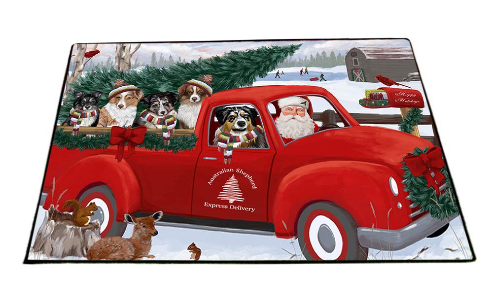 Christmas Santa Express Delivery Red Truck Australian Shepherd Dogs Non-Slip Floor Mat - Washable Indoor/Outdoor Pet Door Rug for Home Entrance - 24x36 Inch Holiday Pet Portrait Mat for Living Room, Porch & Front Door Decor