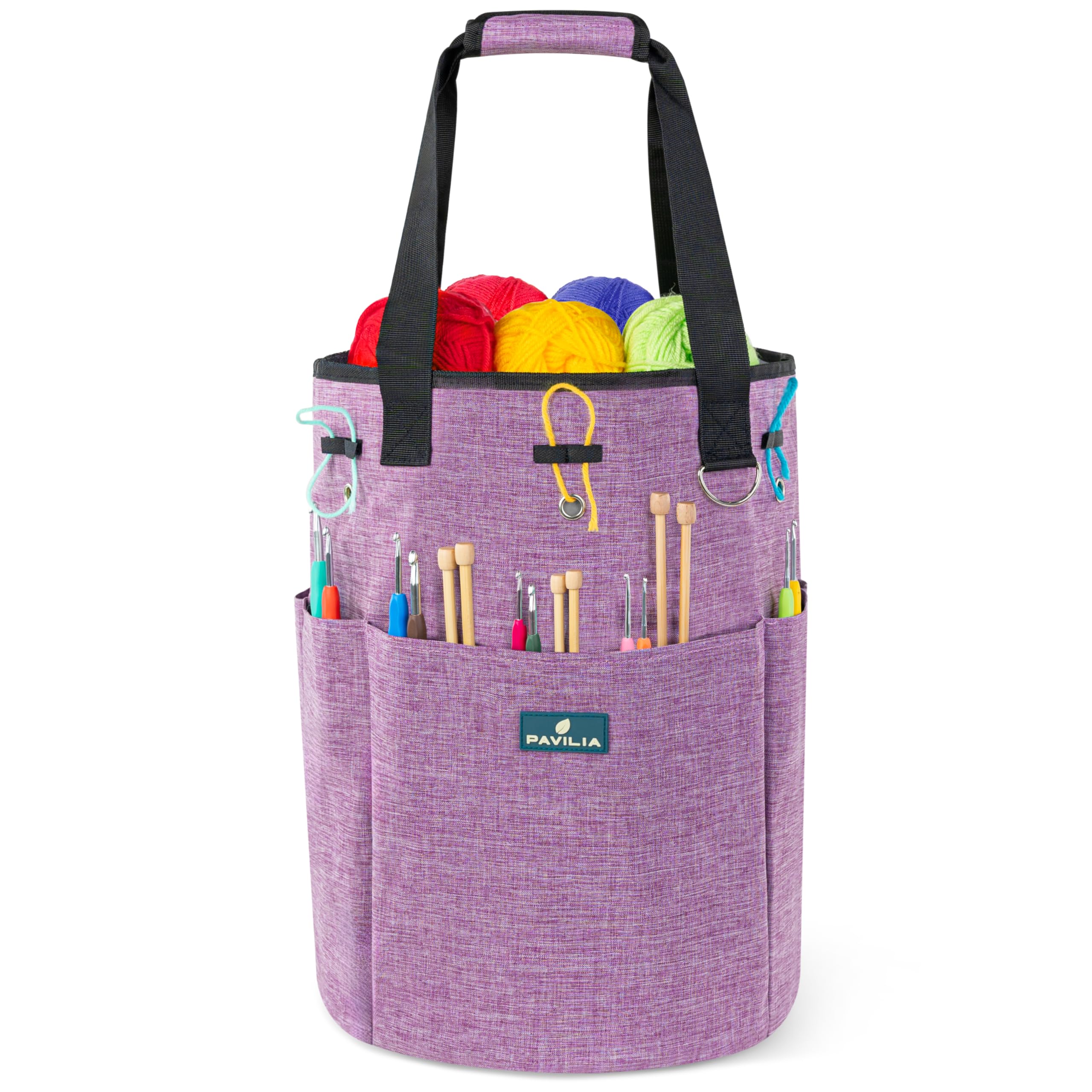 PAVILIA Crochet Yarn Bag Organizer with Grommets - Perfect Gift for Knitters & Portable Craft Storage (Heather Purple) for Travel & Home Use