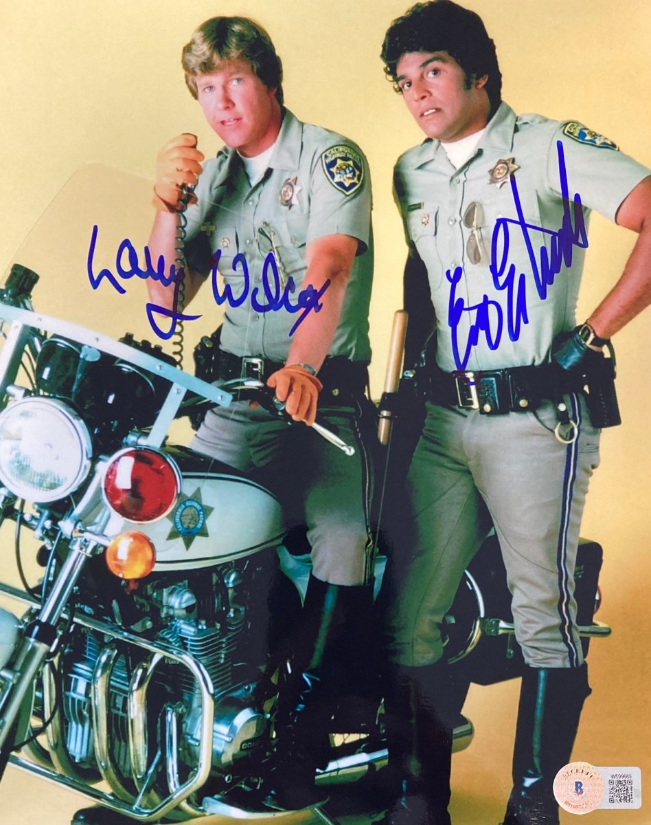 Erik Estrada & Larry Wilcox Autographed 8x10 CHIPS Photo with Yellow Background - BAS ITP Certified - Perfect for Collectors, Fans, and Memorabilia Displays