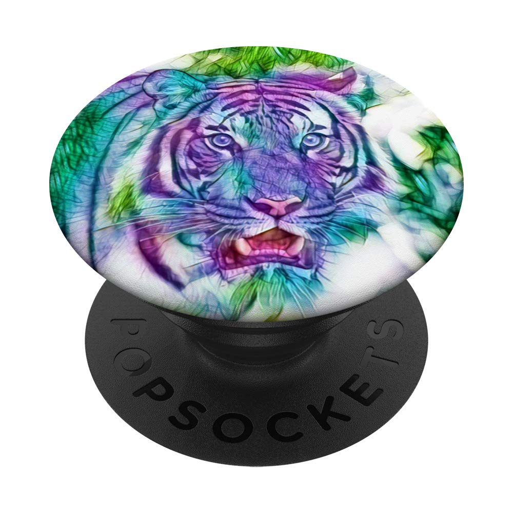 Blue Purple Smoke Siberian Tiger Art PopSockets PopGrip - Swappable Phone & Tablet Grip for iPhone, Samsung, iPad | Stylish Accessory for Work, Travel & Daily Use