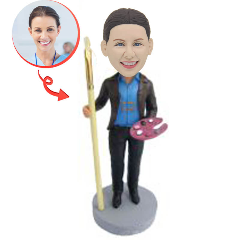 Custom Female Oil Painting Artist Bobblehead - Personalized Handmade Figurine for Art Lovers, Gifts & Home Decor