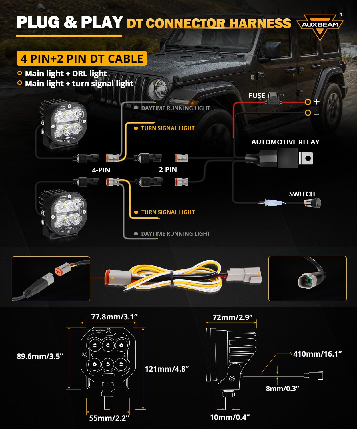 Auxbeam XP-Ultra Series 3Inch 84W LED Pods - 9600LM Spot Flood Combo, DRL & Turn Signal Multi Modes (Amber/White) - Offroad LED Light Bar for Trucks, Jeeps, ATVs - Waterproof Fog Lights with Covers - Perfect for Off-Roading, Camping & Night Driving