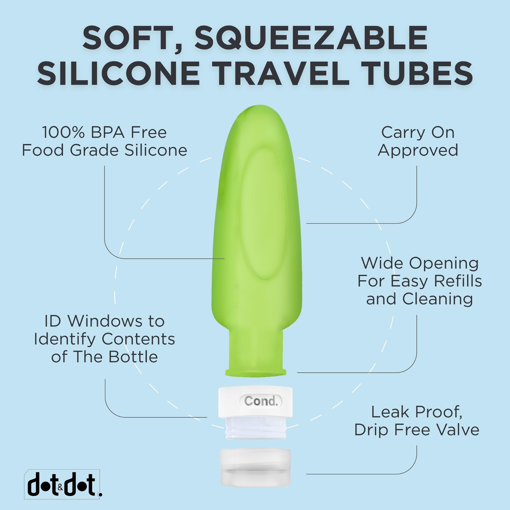 Dot&Dot Leak Proof Travel Bottles for Toiletries (3oz) - TSA Approved Silicone Shampoo & Conditioner Containers with Labels - Perfect for Airplane Carry-On, Gym, Camping & Vacation Essentials