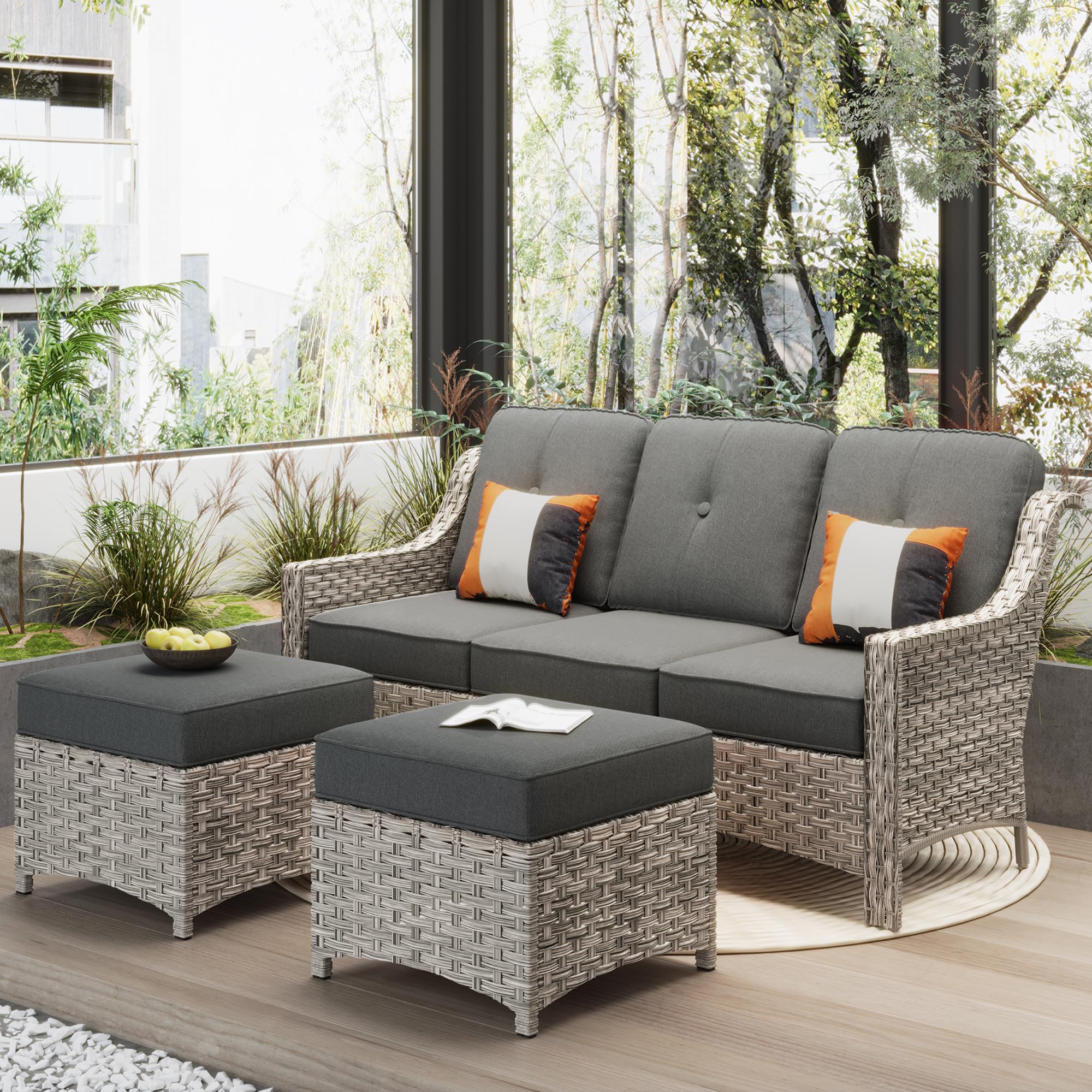 Ovios 3-Piece Outdoor Patio Furniture Set - Black Rattan Wicker Sofa & Ottoman with High Back, Perfect for Porch, Balcony, Backyard, and Poolside Relaxation | Durable Sectional Conversation Set for Outdoor Entertaining