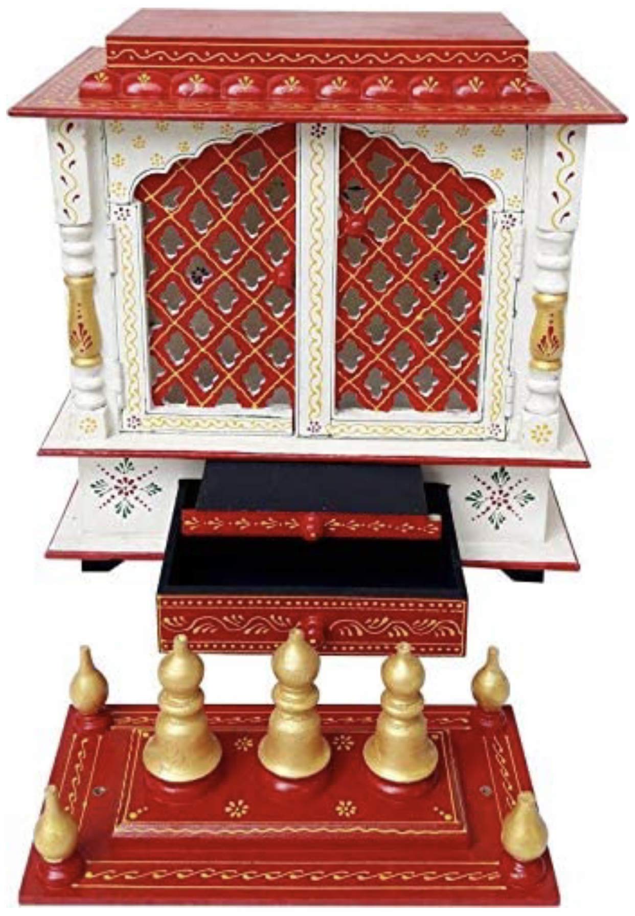 TAM Creatio Wooden Pooja Mandir - Handcrafted Hindu Temple for Home Decor | Indian Prayer Cabinet | Wall Hanging Mandapam | Bhagwan Worship Stand | Red & White Traditional Design - Perfect for Daily Puja, Meditation & Spiritual Decor in USA
