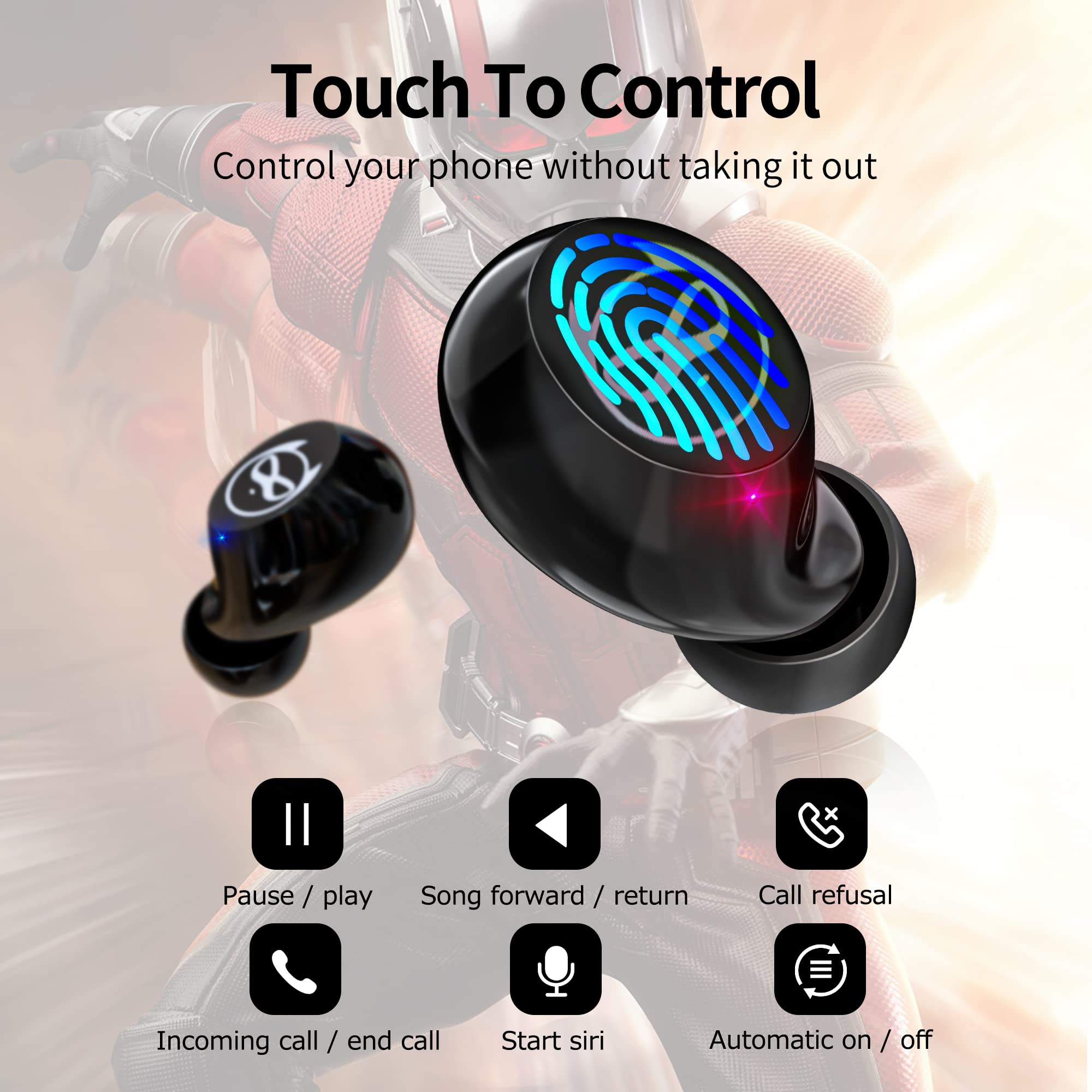 Small Wireless Earbuds with Touch Control & Stereo Sound - Bluetooth 5.3 Noise Cancelling Earphones with Cute Blinking Eyes Iron Man Charging Case | Perfect for Running, Gym & Commuting