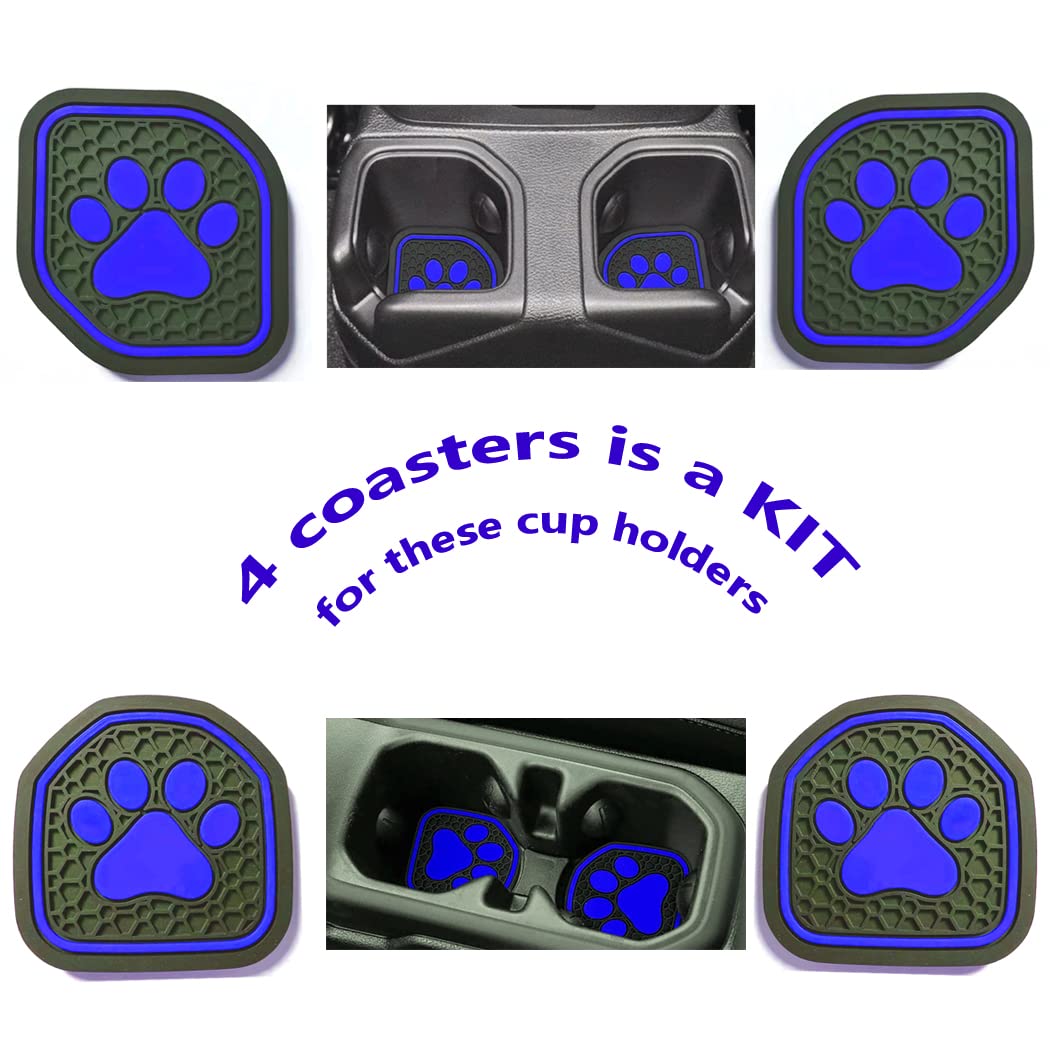 Jeep Wrangler JL JLU & Gladiator JT Cup Holder Coaster Insert (2018-2021 Models) - 4pc Non-Slip Car Cup Holder Liners with Paw Print Design - Perfect for Jeep Accessories, Interior Upgrades & Spill Protection