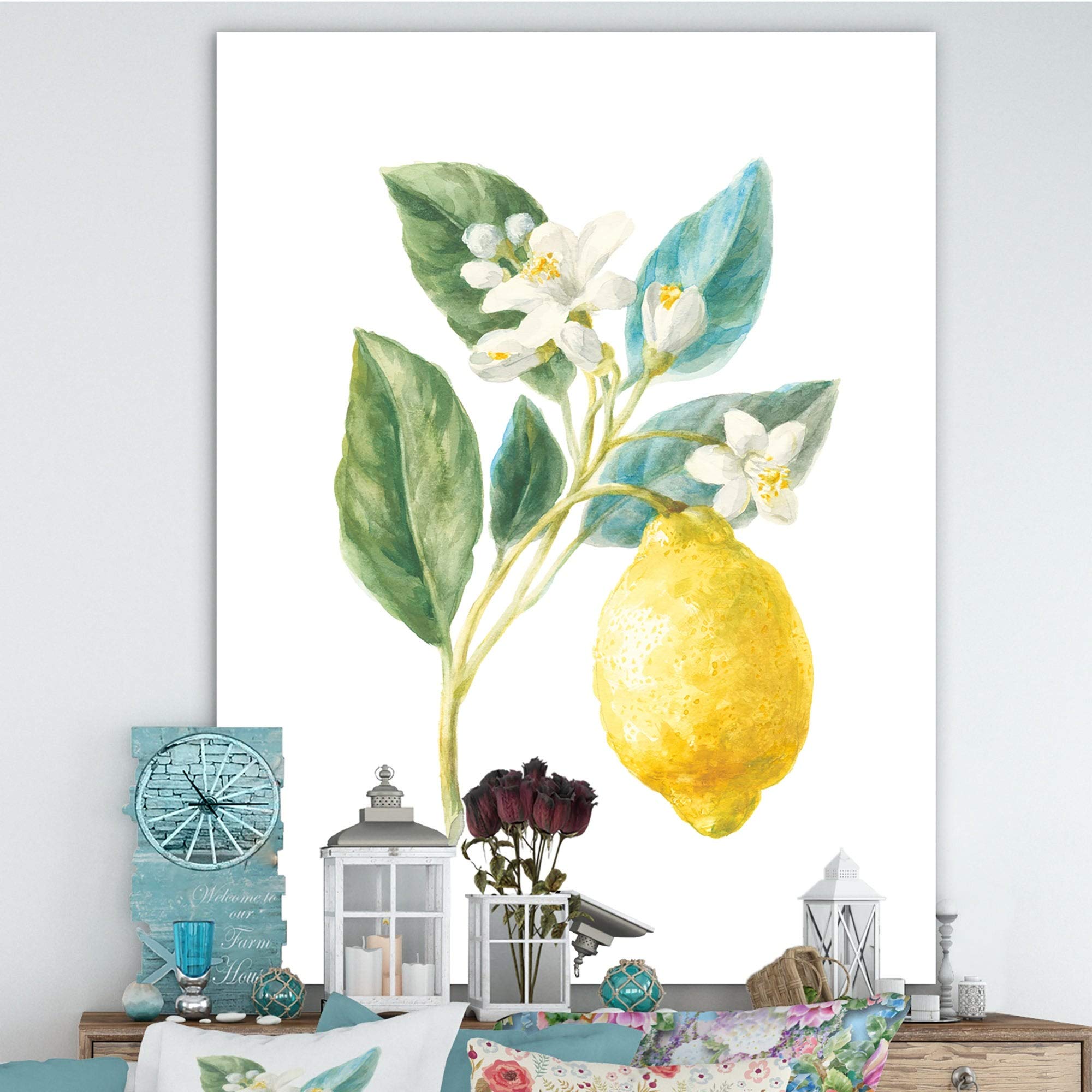 Designart 'Floursack Lemon I' Premium Canvas Wall Art - Green 36x46 Inches - Perfect for Cabin, Lodge, Living Room & Bedroom Decor