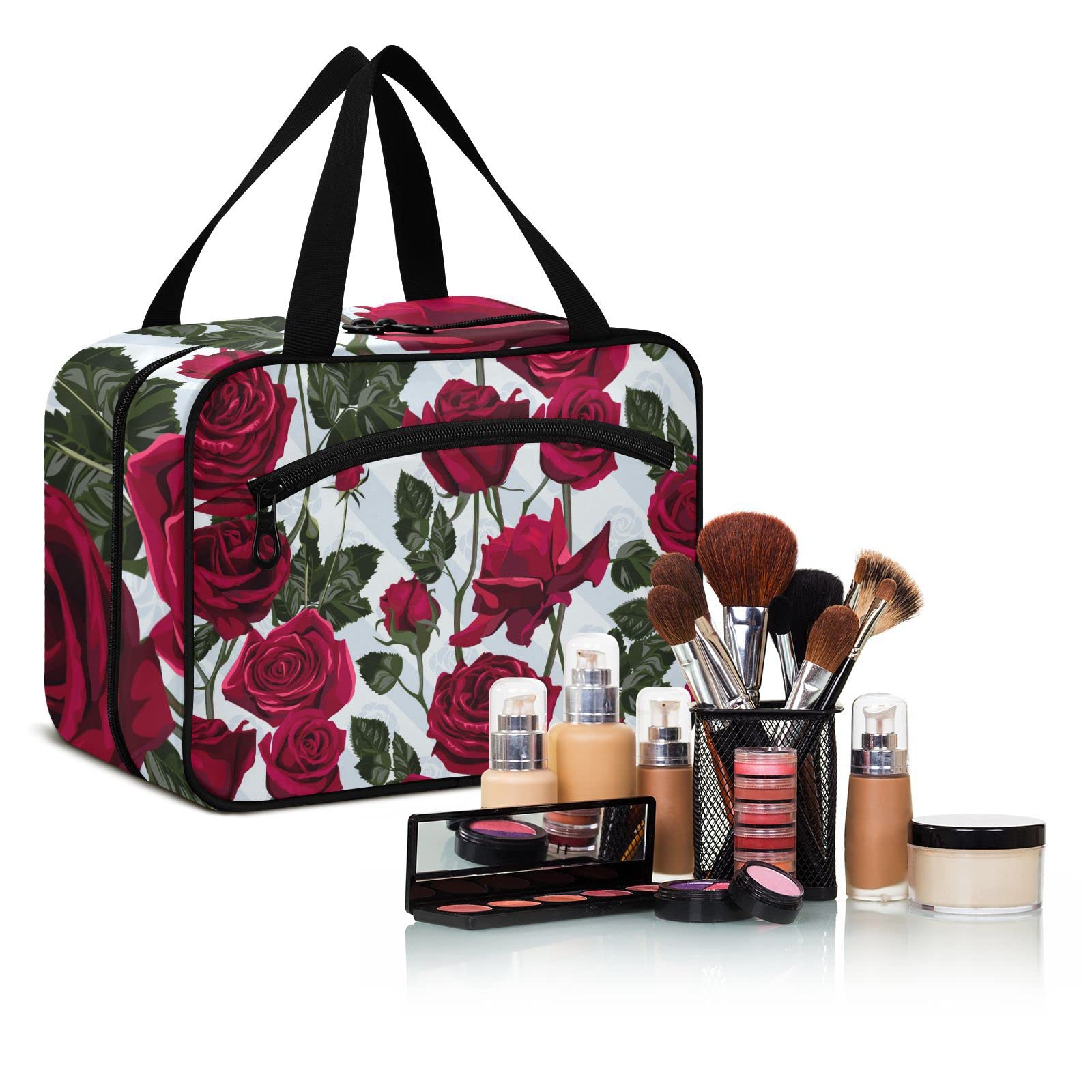 Red Rose Travel Toiletry Bag for Women - Large Hanging Cosmetic Organizer with Hook | Perfect for Makeup Storage, Bathroom Organization & Vacation Essentials
