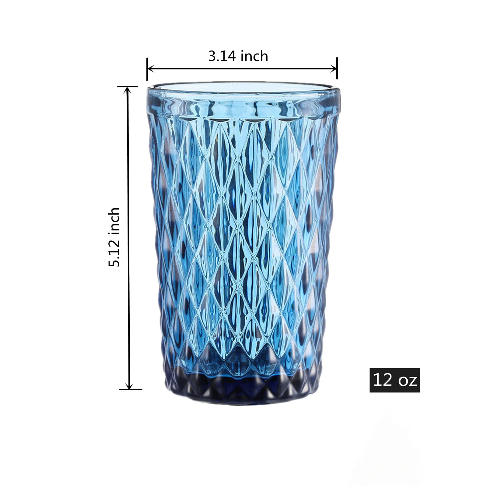 Bandesun 12 oz Blue Drinking Glass Set of 6 - Diamond Cut Tumbler Glasses for Water, Cocktail, Milk, Juice & Beverages | Durable Kitchen Glassware for Home, Bar, Restaurant & Party Use