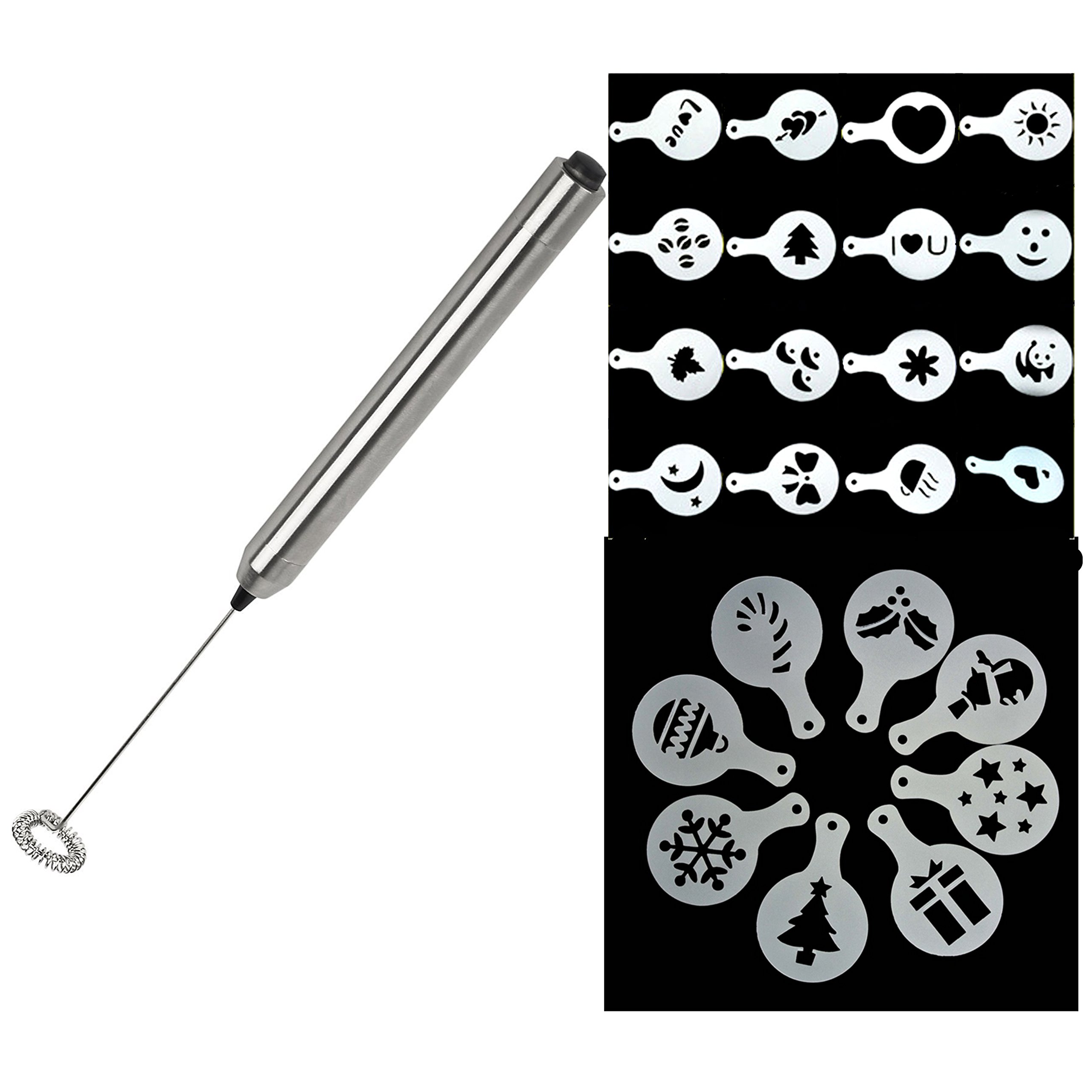 RayLineDo® Stainless Steel Electric Milk Frother - Handheld Battery Operated Coffee Foam Maker with Whisk for Latte, Cappuccino & Hot Chocolate | Includes 2 Coffee Stencils & Duster for Barista-Style Art at Home, Cafe or Office
