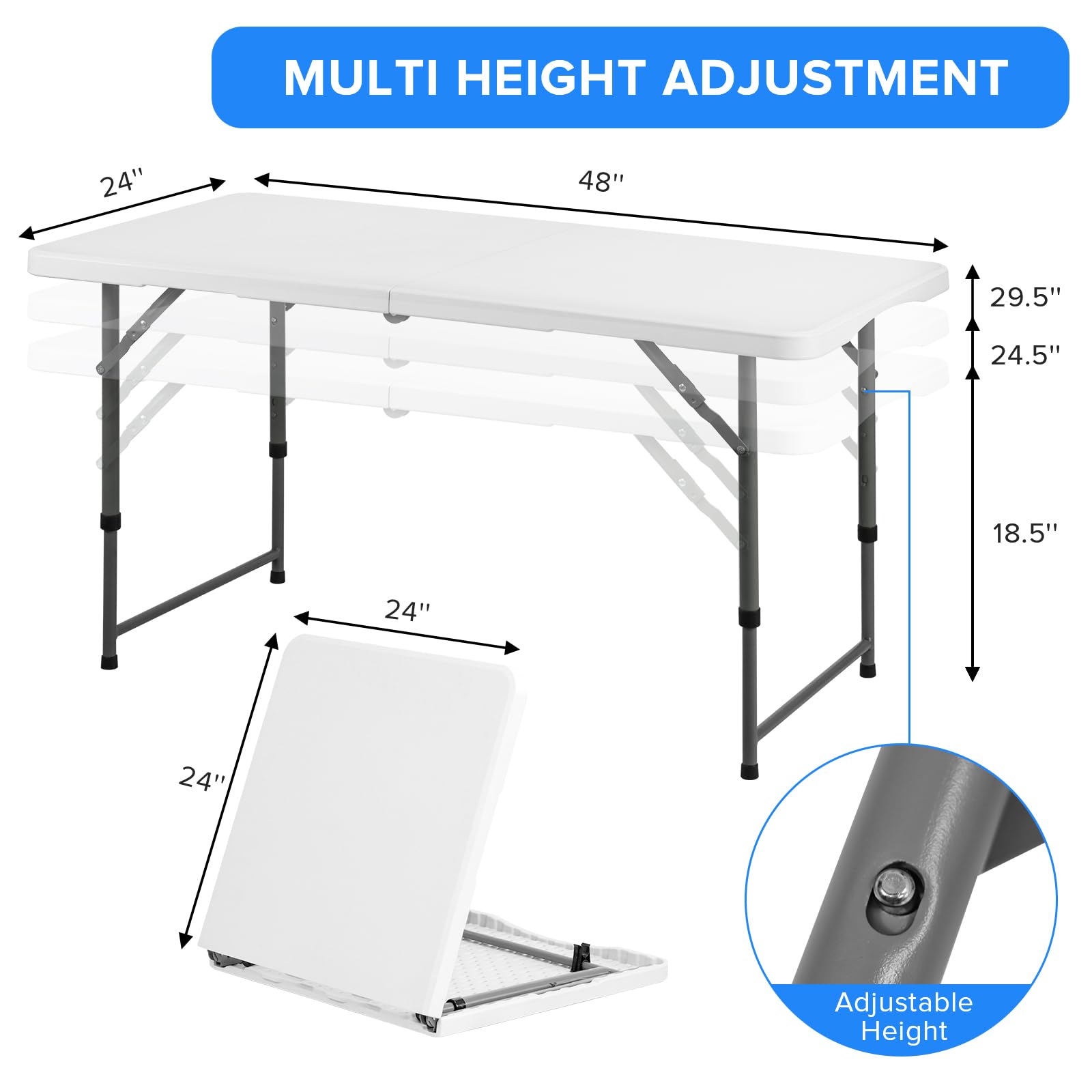 4ft Small Folding Table - Portable Plastic Fold-in-Half Card Table with Adjustable Height - Perfect for Picnics, Camping, Parties & Indoor/Outdoor Use - White