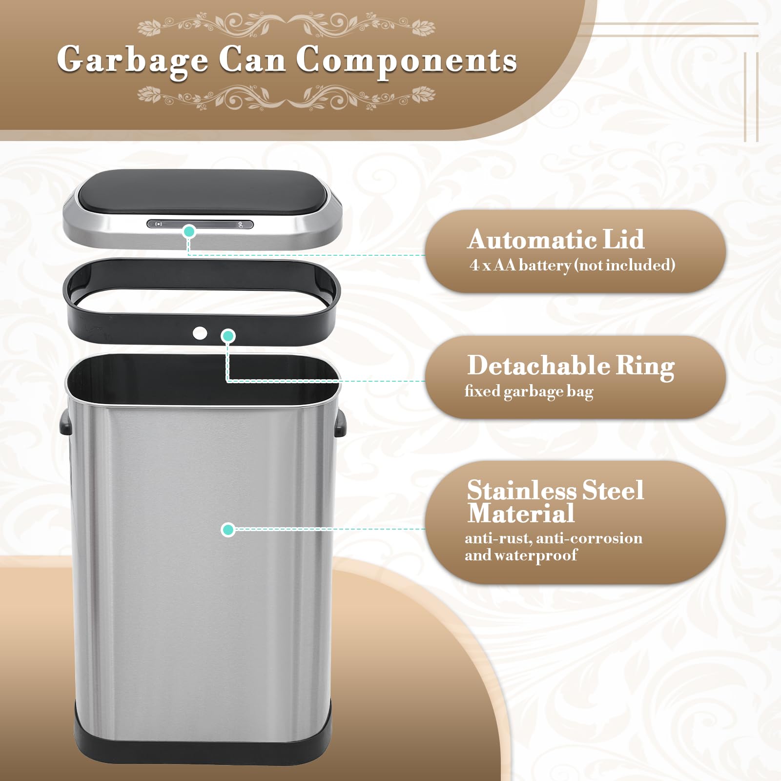 Automatic Motion Sensor Trash Can - 13 Gallon/50L Smart Garbage Bin with Lid, Stainless Steel Waste Container for Kitchen, Bathroom, Office, Living Room & Bedroom | Hands-Free Operation, Hygienic Disposal Solution for Home & Commercial Spaces