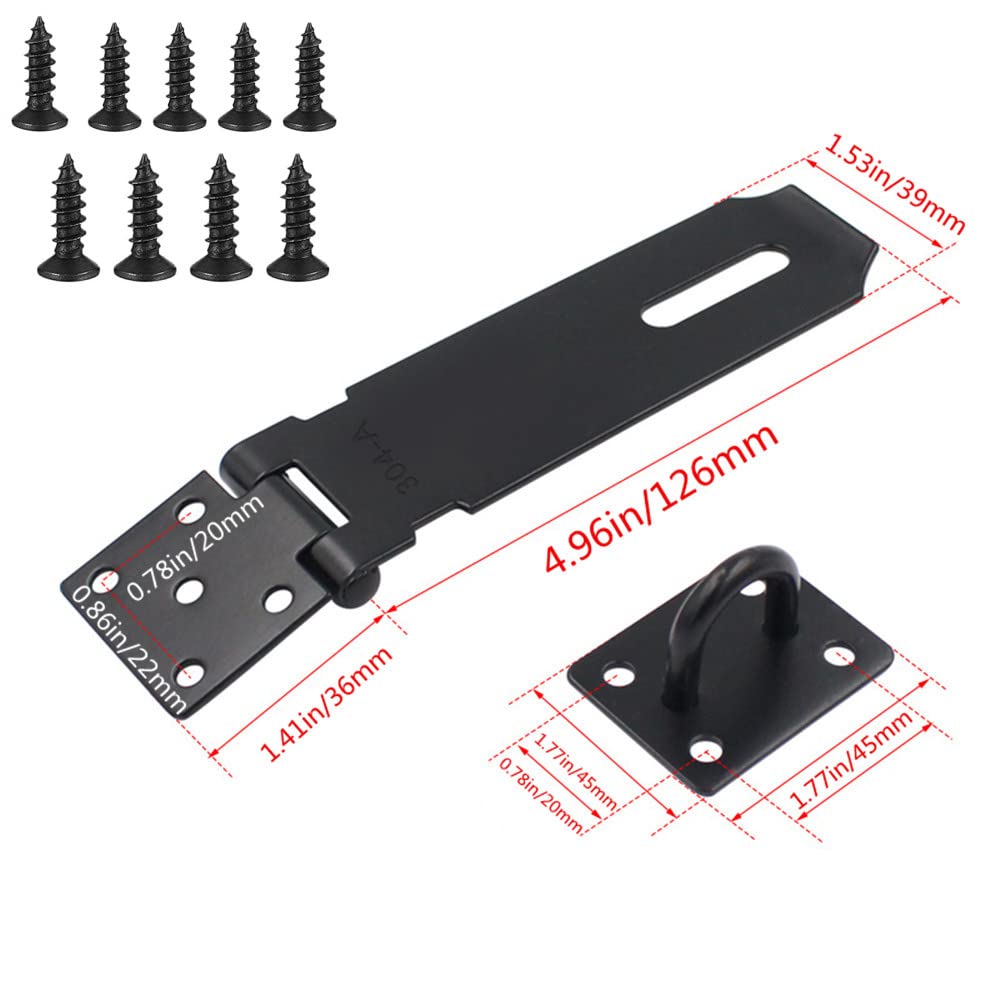 5 Inch Stainless Steel Padlock Hasp Latch - 2 Pack Black Matte Gate & Door Lock Clasp - Heavy Duty Security for Sheds, Gates, Fences & Storage Units